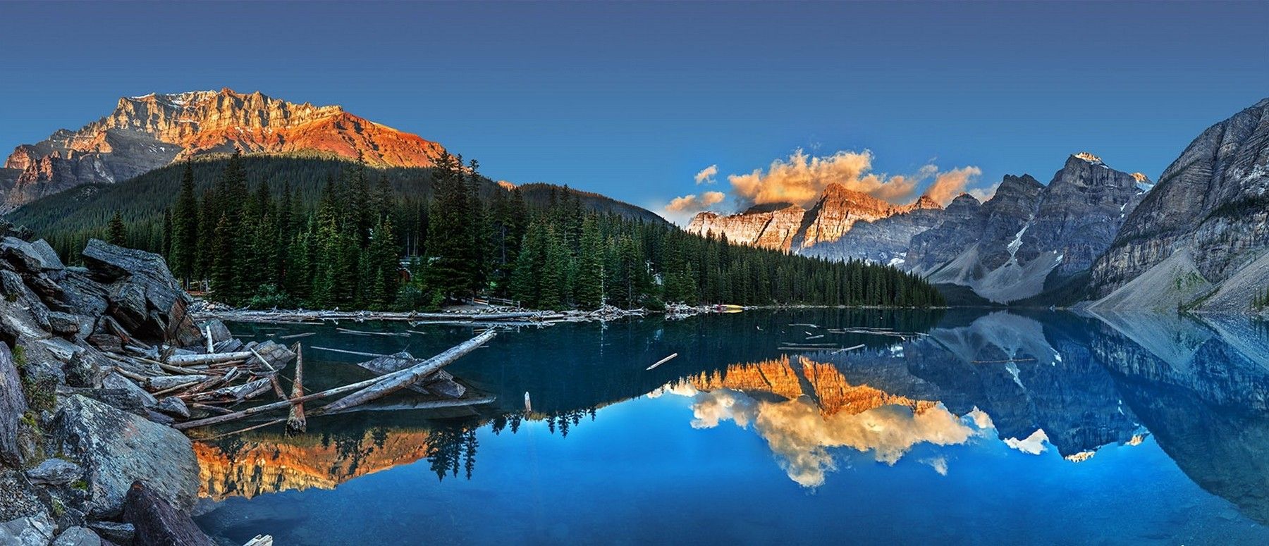 Moraine Lake, Sunset, Summer, Lake, Canada, Mountain, Water, Forest, Cliff, Reflection, Blue, Clouds, Nature, Landscape Wallpaper HD / Desktop and Mobile Background