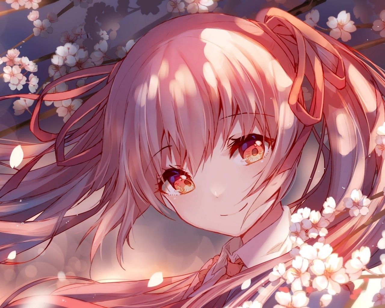 Download 1280x1024 Hatsune Miku, Cherry Blossom, Smiling, Wind, Vocaloid Wallpaper