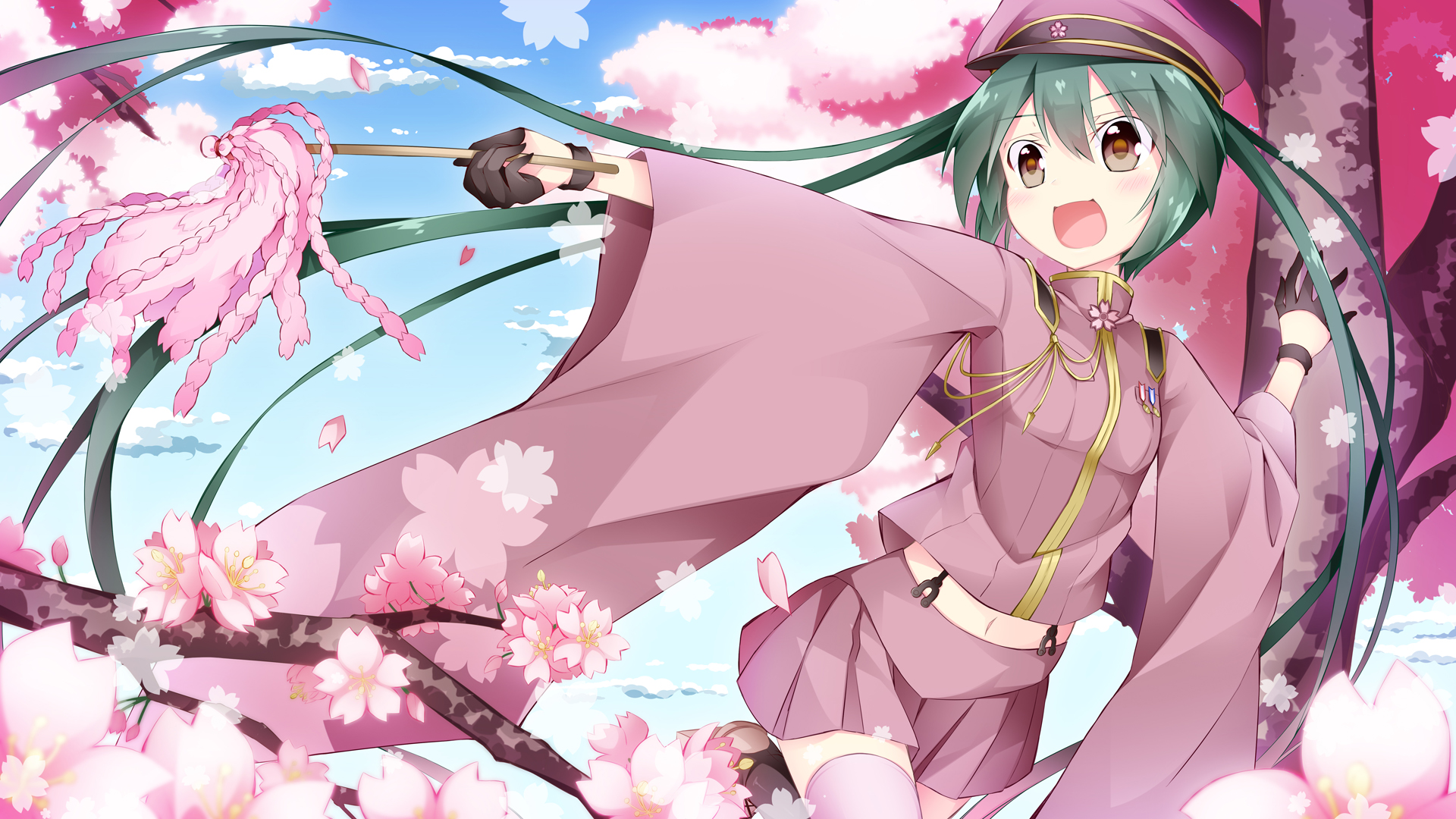 Wallpaper, anime, cherry blossom, happy, Hatsune Miku, long hair, pink, skirt, Vocaloid 1920x1080