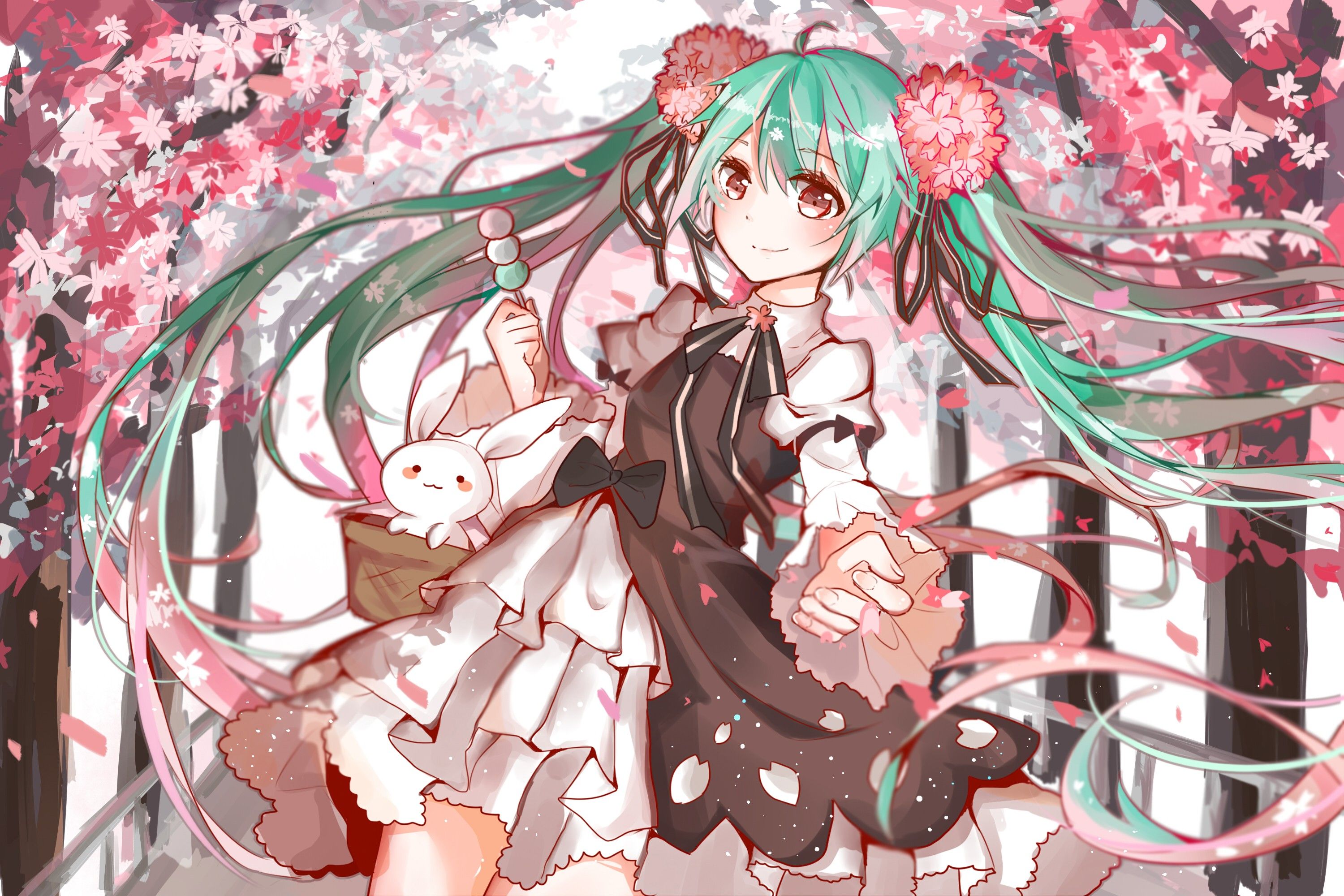 Wallpaper, illustration, long hair, anime girls, dress, Vocaloid, Hatsune Miku, cherry blossom, flower in hair, twintails, ribbon, rabbits, cherry trees, flower petals, mangaka 3000x2000