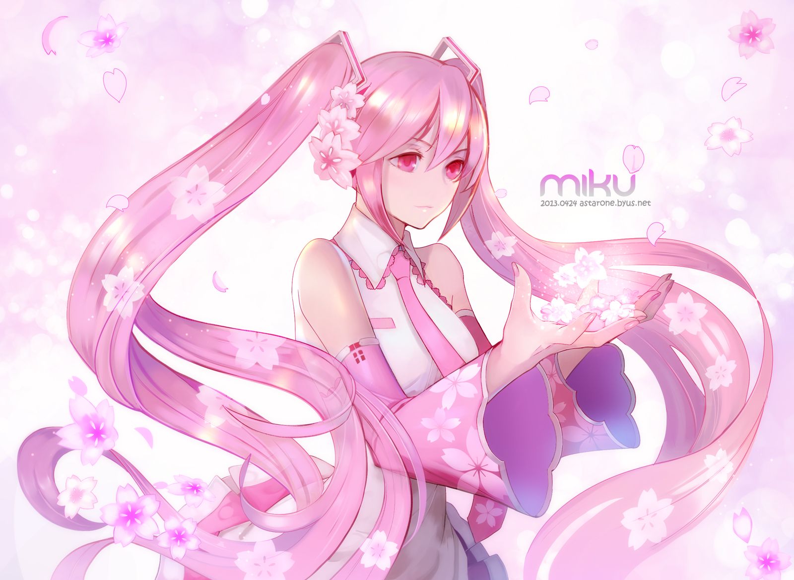 Astarone cherry blossoms hatsune miku long hair petals pink eyes pink hair sakura miku twintails vocaloid wallpaperx1169