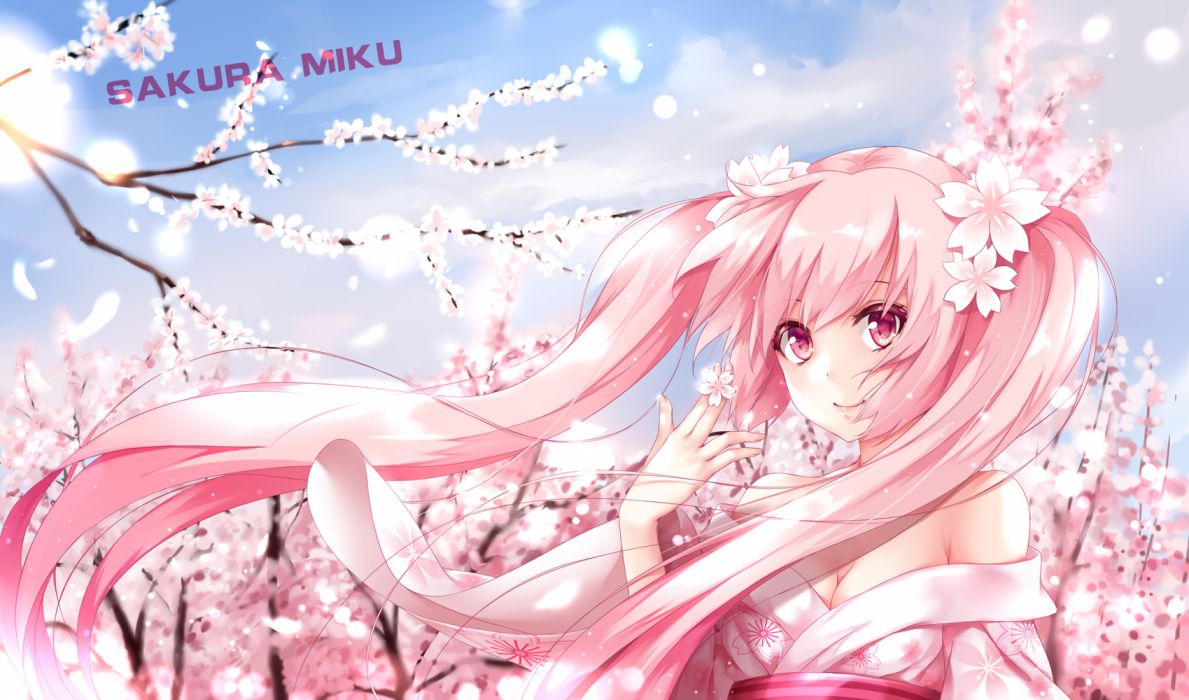 Breasts Cherry Blossoms Cleavage Flowers Hatsune Miku Japanese Clothes Long Hair Noodle Y Petals Pink Eyes Pink Hair Sakura Miku Vocaloid Wallpaperx1177