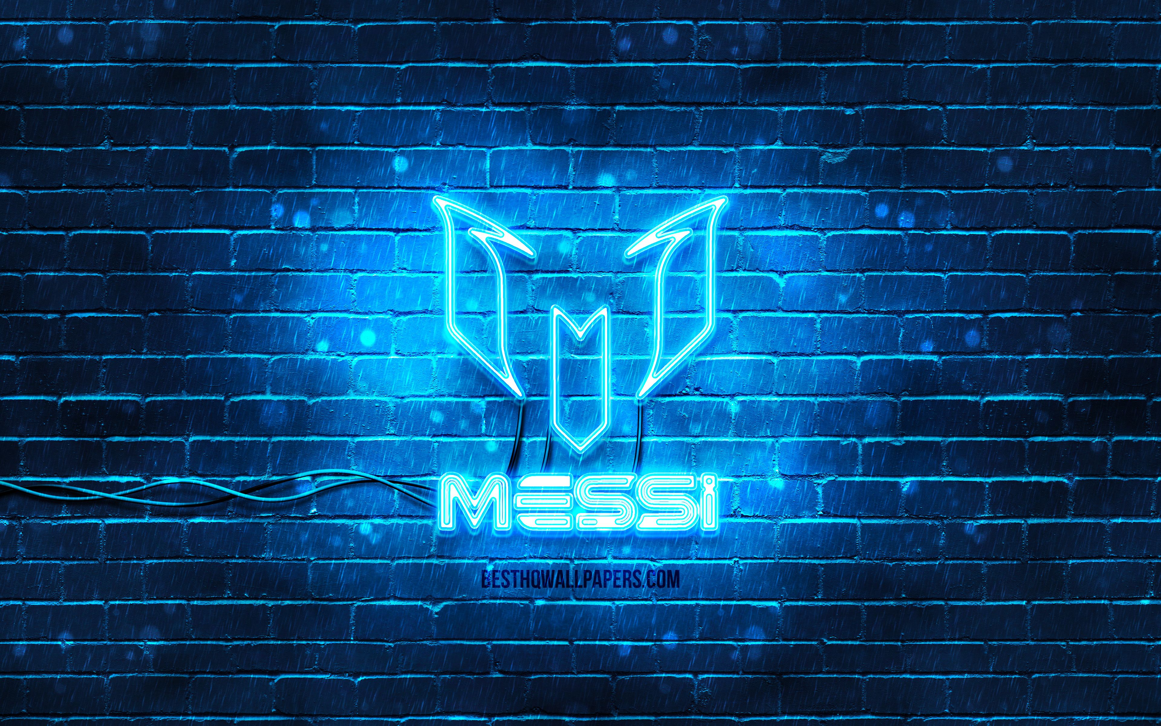 Download wallpaper Lionel Messi blue logo, 4k, blue brickwall, Leo Messi, fan art, Lionel Messi logo, football stars, Lionel Messi neon logo, Lionel Messi for desktop with resolution 3840x2400. High Quality HD