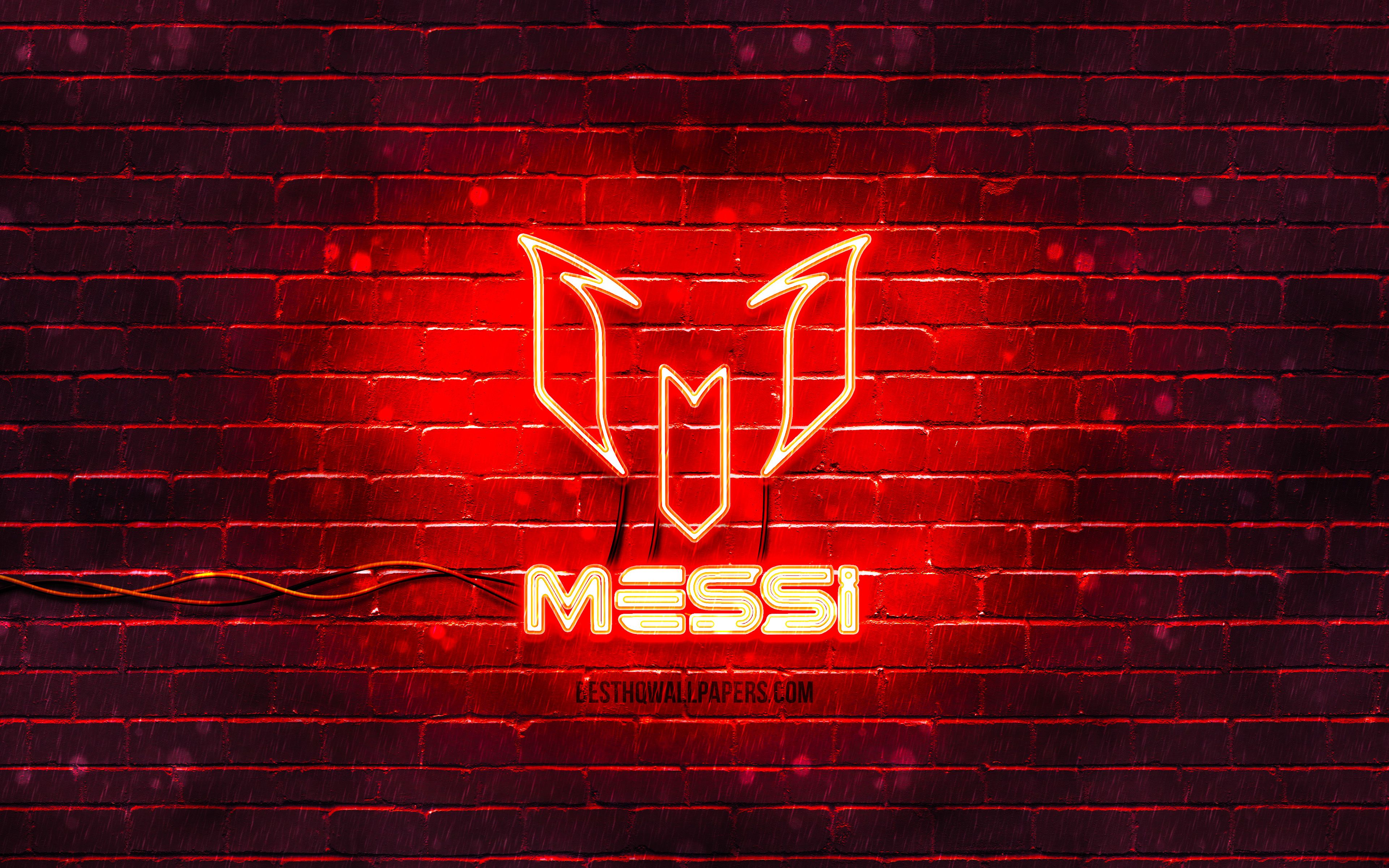 Download wallpaper Lionel Messi red logo, 4k, red brickwall, Leo Messi, fan art, Lionel Messi logo, football stars, Lionel Messi neon logo, Lionel Messi for desktop with resolution 3840x2400. High Quality HD