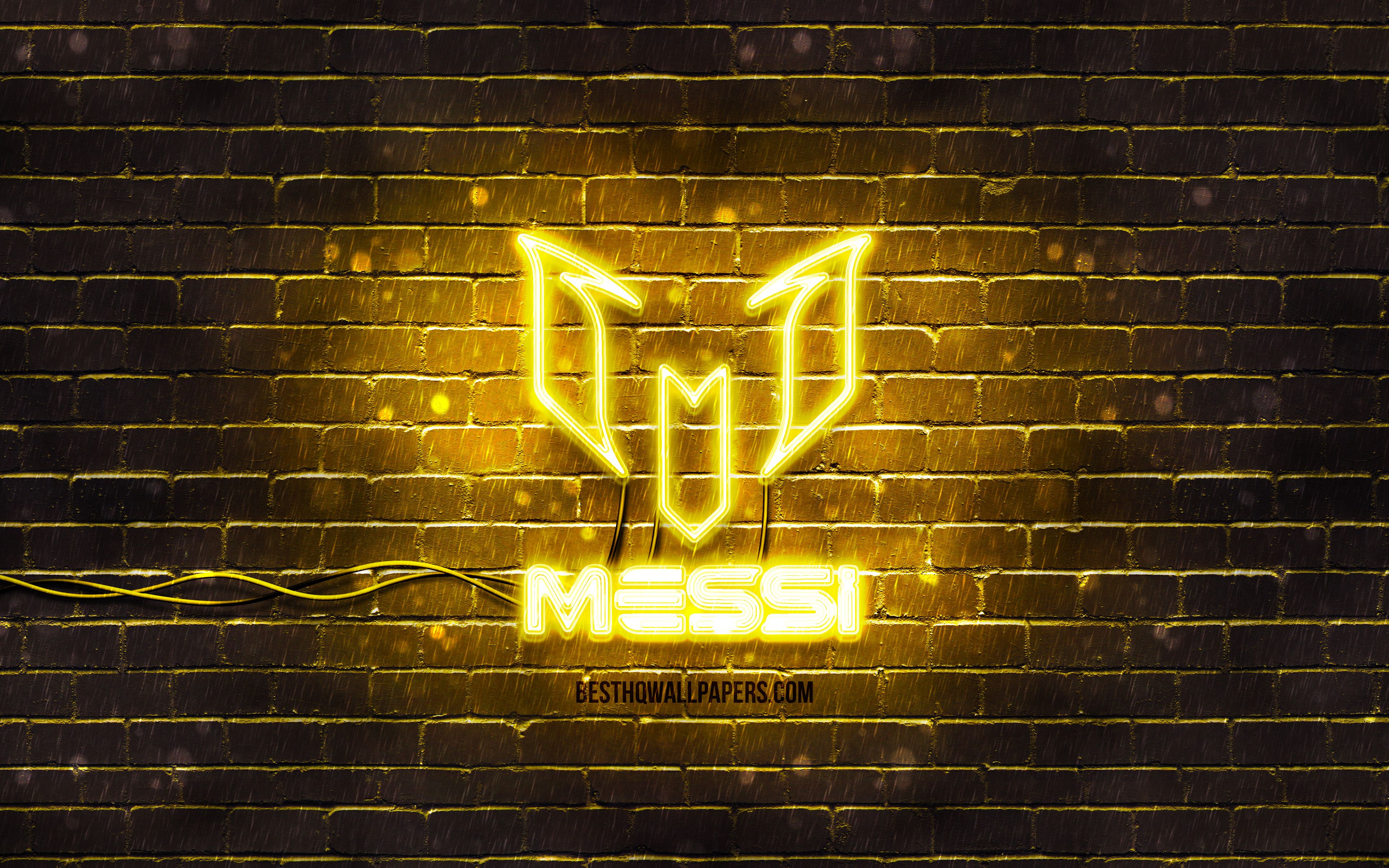 Download wallpaper Lionel Messi yellow logo, 4k, yellow brickwall, Leo Messi, fan art, Lionel Messi logo, football stars, Lionel Messi neon logo, Lionel Messi for desktop with resolution 3840x2400. High Quality HD