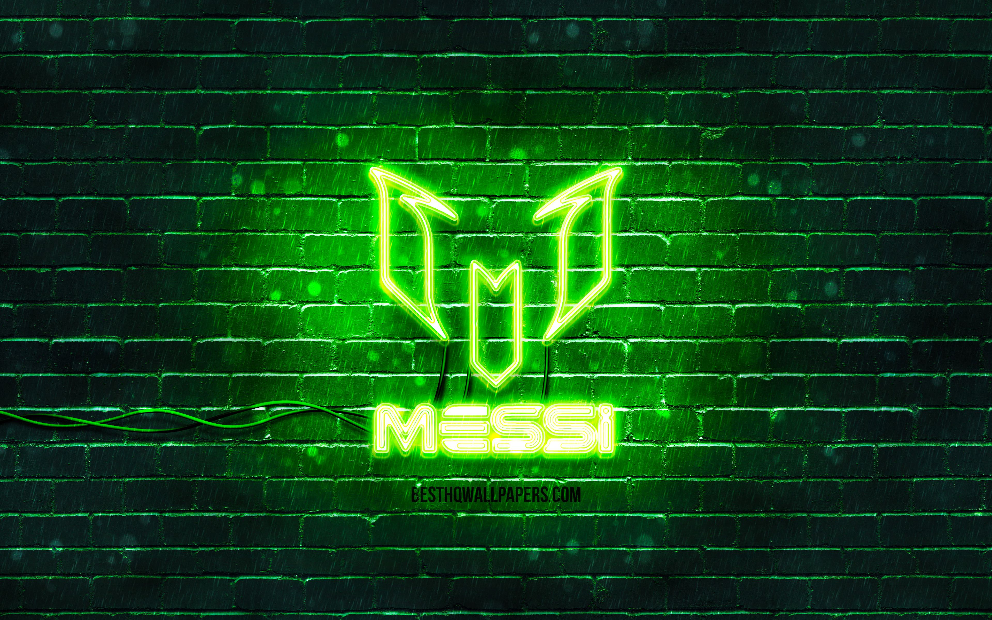 Download wallpaper Lionel Messi green logo, 4k, green brickwall, Leo Messi, fan art, Lionel Messi logo, football stars, Lionel Messi neon logo, Lionel Messi for desktop with resolution 3840x2400. High Quality HD