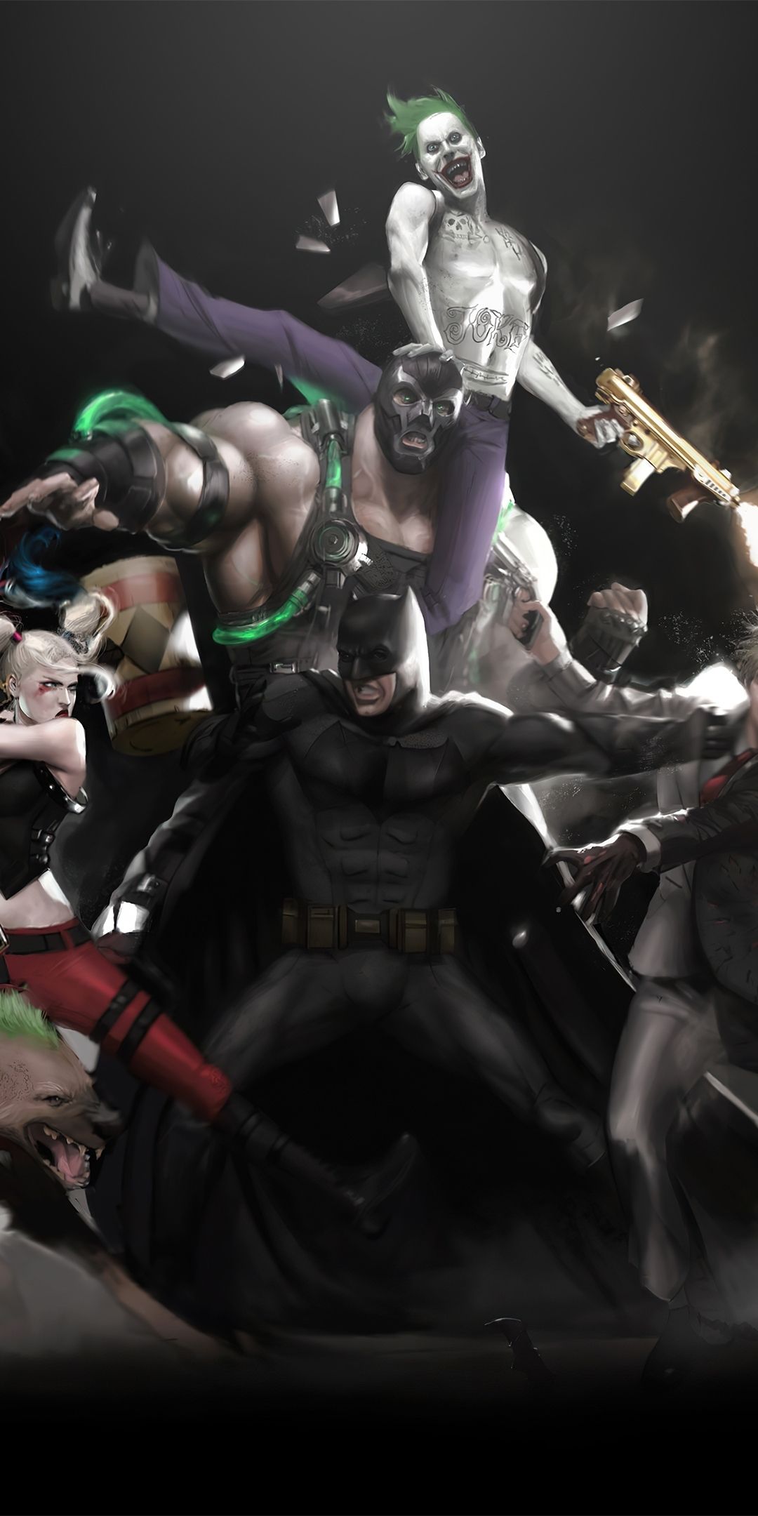 Download 1080x2160 wallpaper batman vs all villain, dark, art, honor 7x, honor 9 lite, honor view HD image, background, 25270