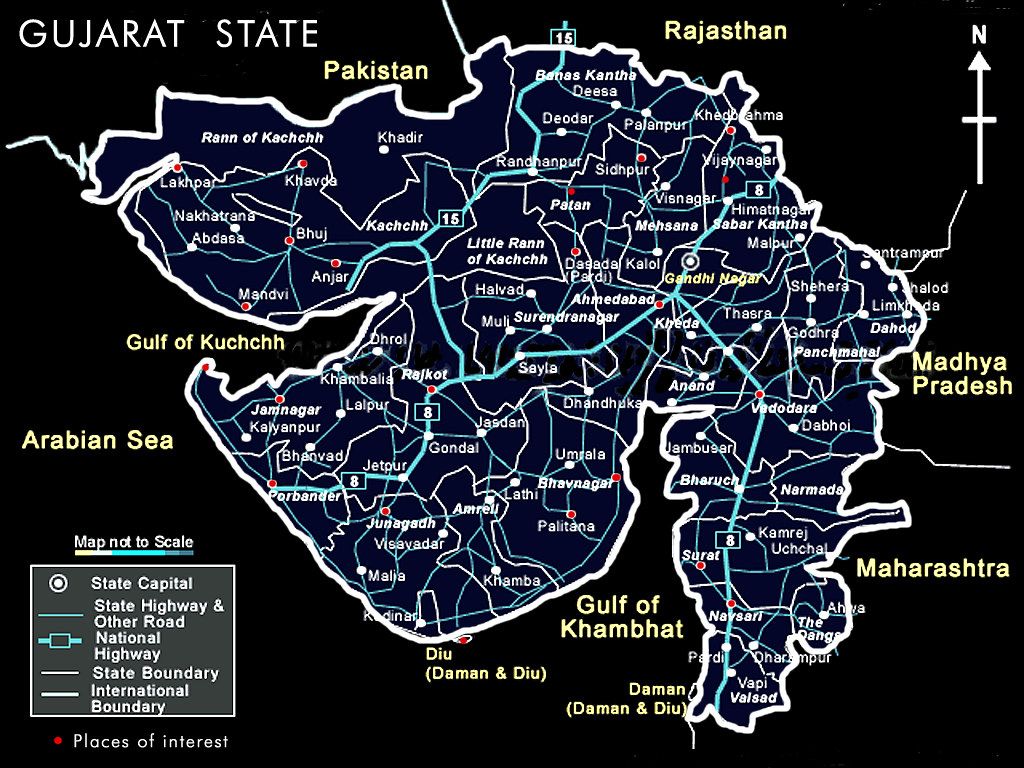gujarat, india. map of gujarat with some interesting places