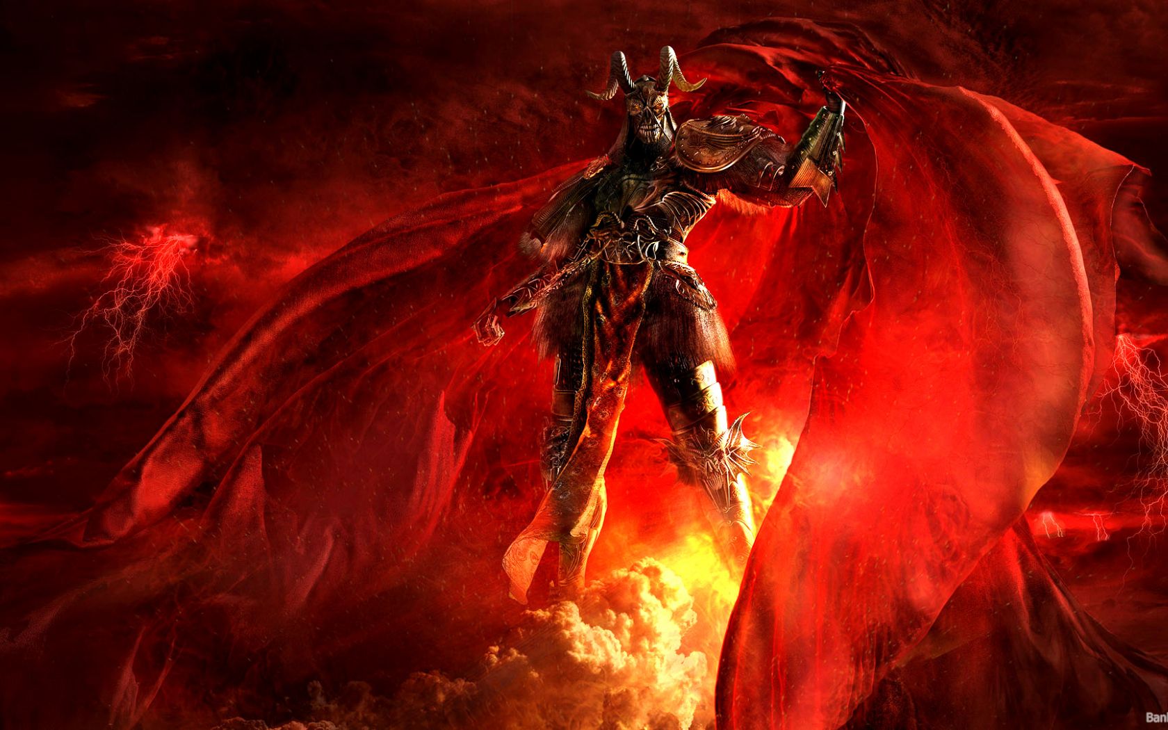 Download wallpaper demon, wallpaper, fire, battlefield, red, flame, sword,  gun, section other in resolution 1680x1050