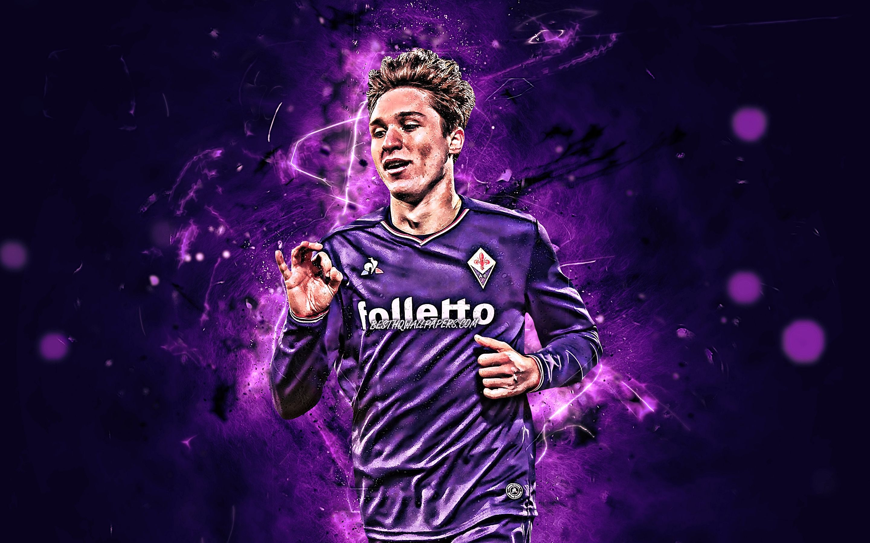 Download wallpaper Federico Chiesa, italian footballers, Fiorentina FC, goal, soccer, Serie A, Chiesa, football, neon lights, Italy, abstract art for desktop with resolution 2880x1800. High Quality HD picture wallpaper