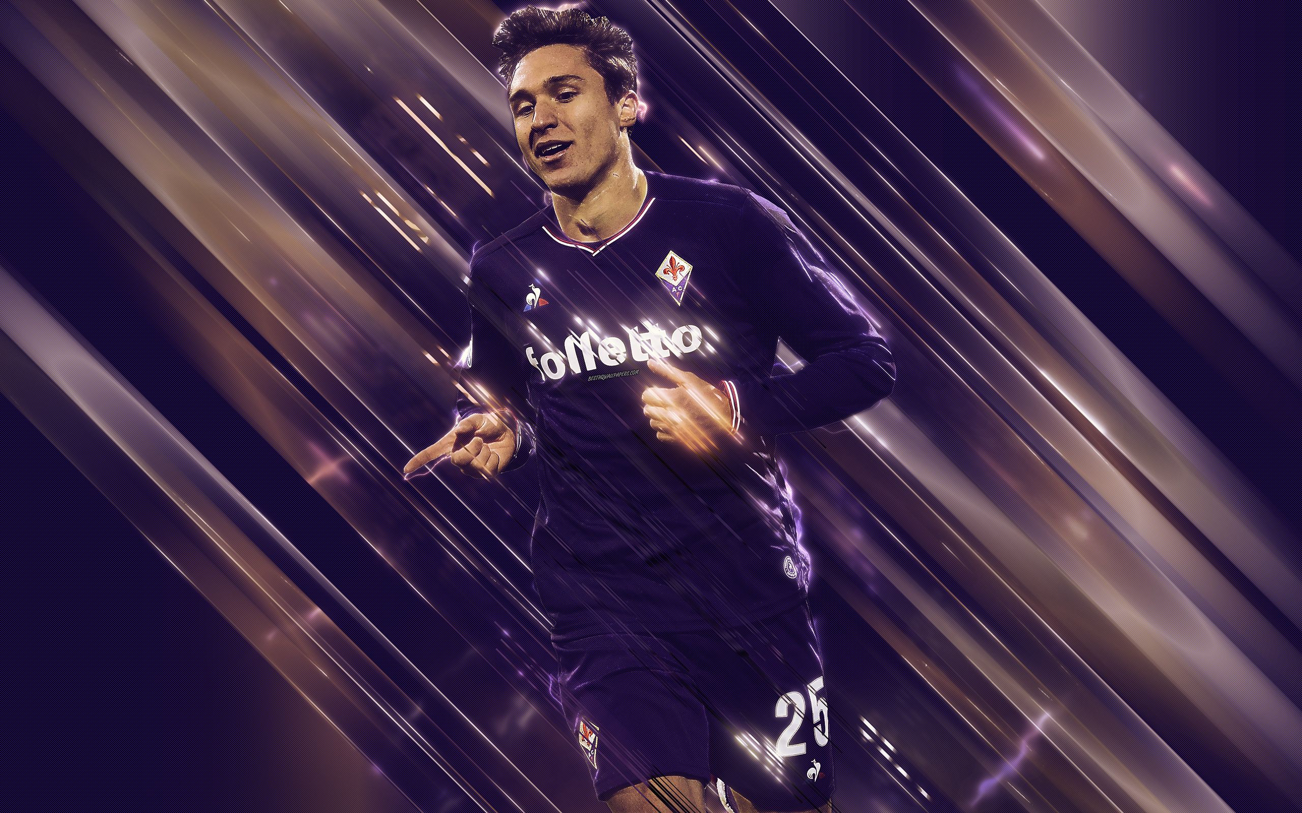 Download wallpaper Federico Chiesa, 4k, creative art, blades style, Italian football player, Fiorentina, Serie A, Italy, purple creative background, football for desktop with resolution 2560x1600. High Quality HD picture wallpaper