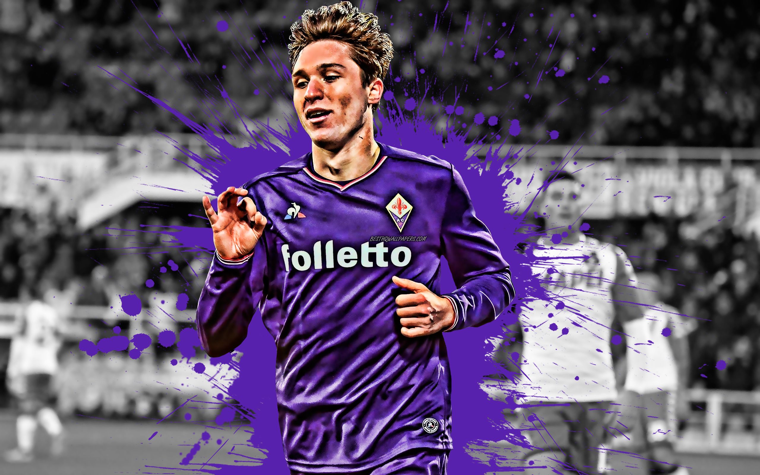 Download wallpaper Federico Chiesa, 4k, Italian football player, ACF Fiorentina, striker, purple paint splashes, creative art, Serie A, Italy, football, grunge, Fiorentina for desktop with resolution 2560x1600. High Quality HD picture wallpaper