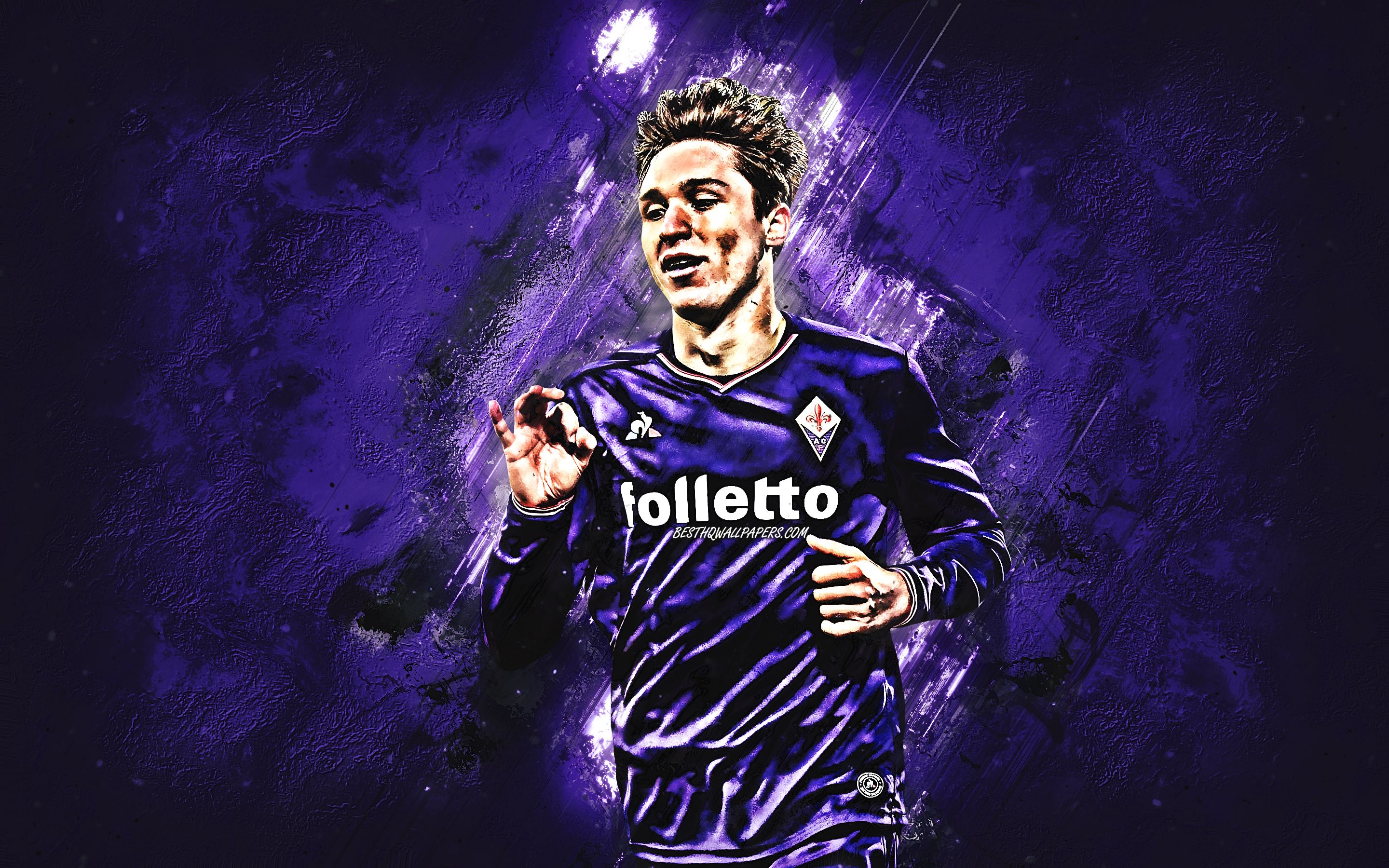 Download wallpaper Federico Chiesa, ACF Fiorentina, striker, joy, goal, purple stone, portrait, famous footballers, football, Italian footballers, grunge, Serie A, Italy, Chiesa, Fiorentina for desktop with resolution 2880x1800. High Quality HD picture