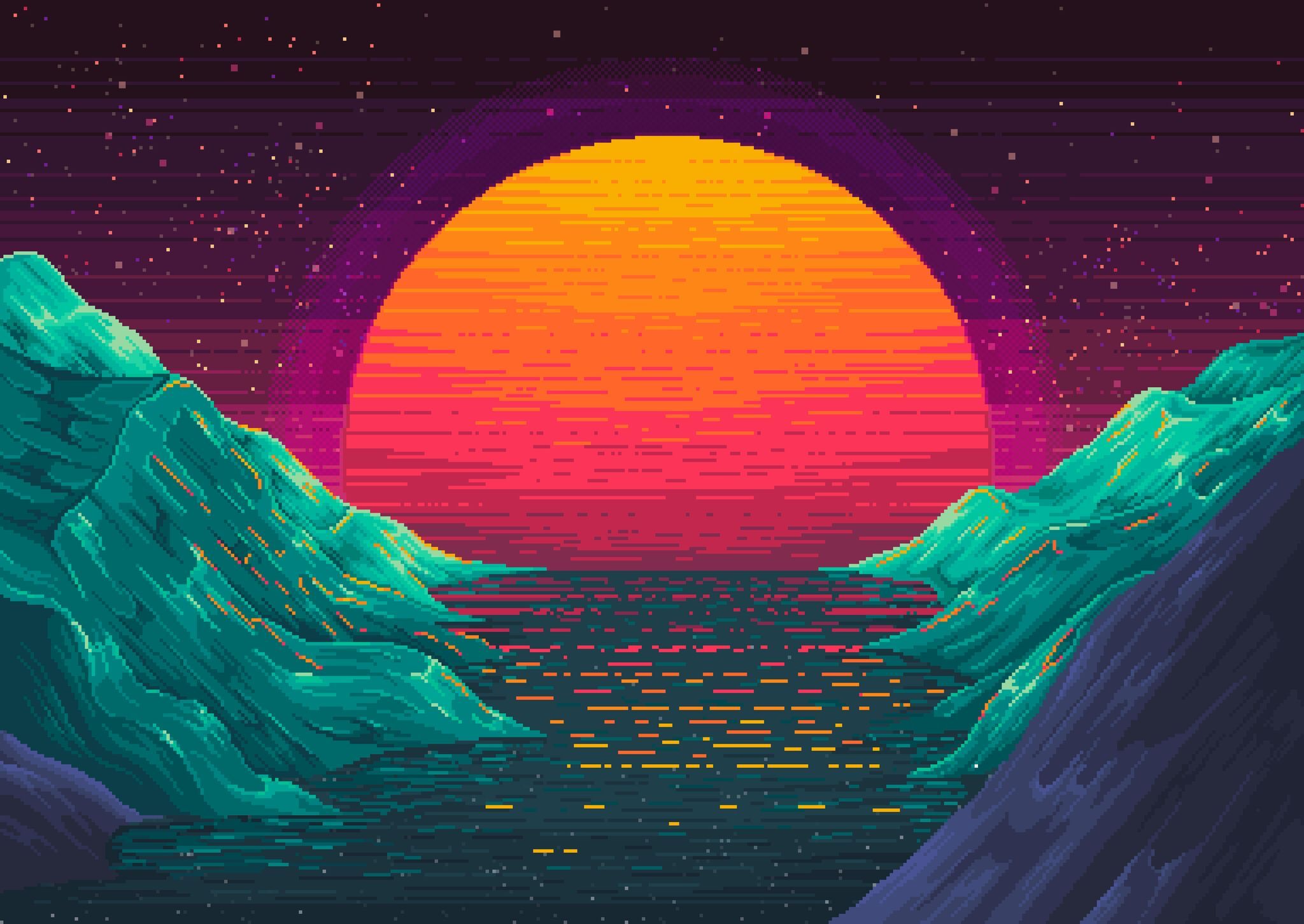 Wallpaper, digital art, pixel art, sunset, neon 2048x1451