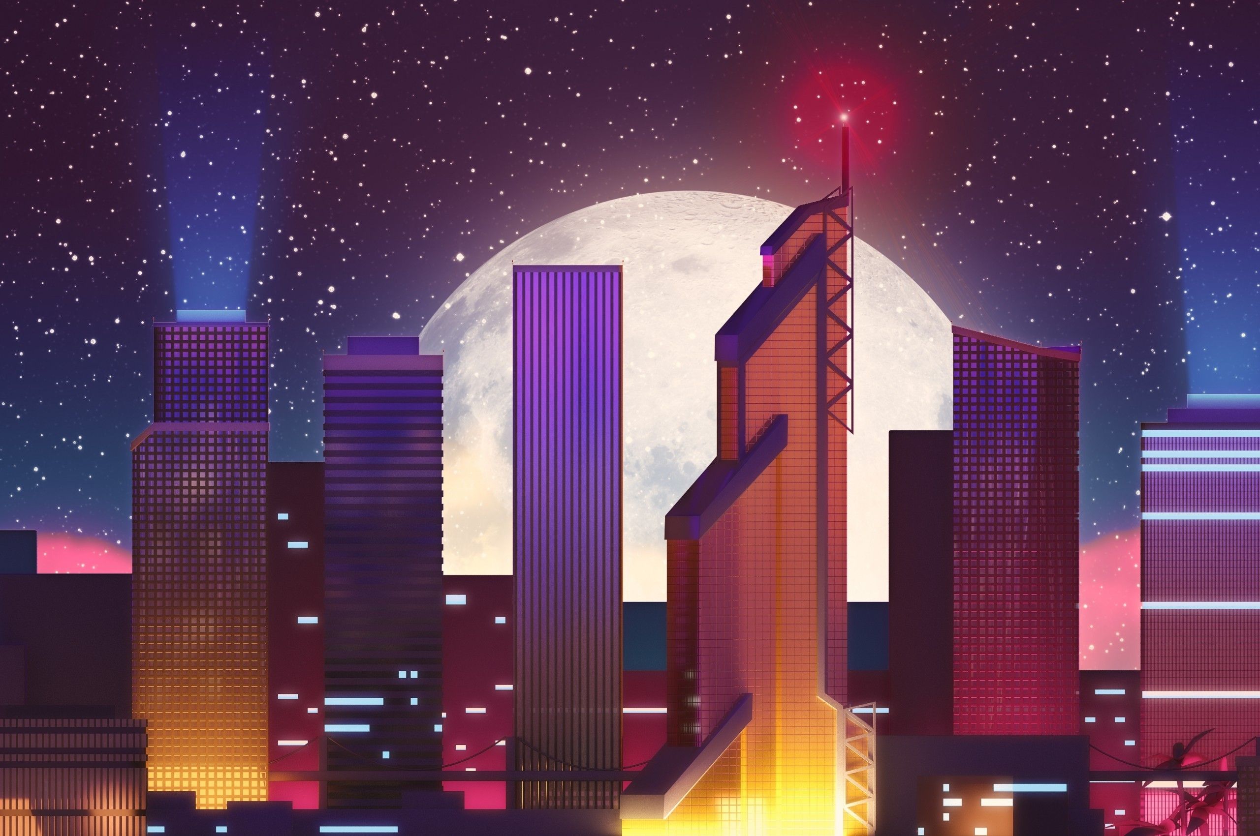 Download 2560x1700 Neon City, Buildings, Digital Art, Moon, Stars Wallpaper for Chromebook Pixel
