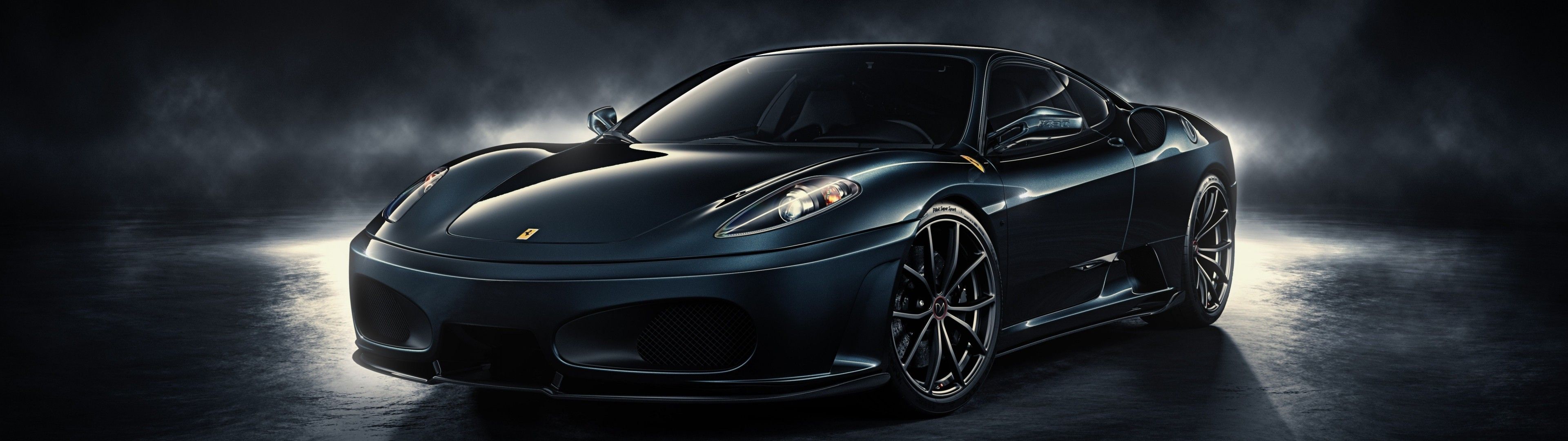 Download 3840x1080 Ferrari, Black, Fog, Lights, Front View, Cars Wallpaper