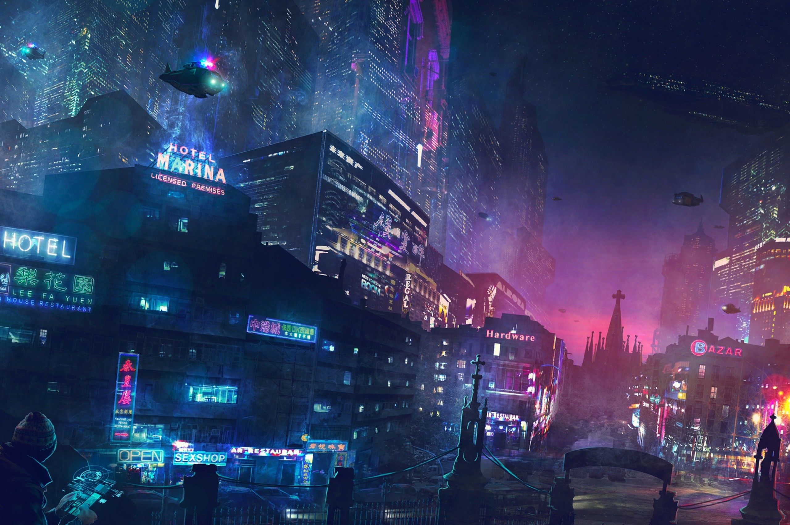 Download 2560x1700 Cyberpunk City, Futuristic, Neon Lights, Buildings, Aircrafts Wallpaper for Chromebook Pixel
