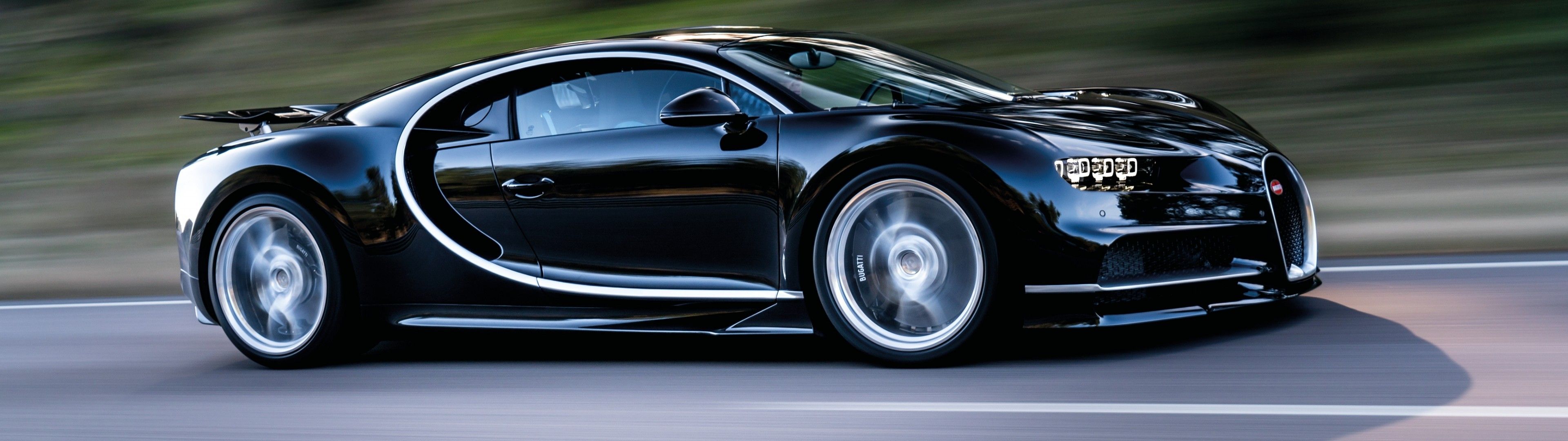 Download 3840x1080 Bugatti Chiron, Black, Side View, Road, Supercar, Cars Wallpaper