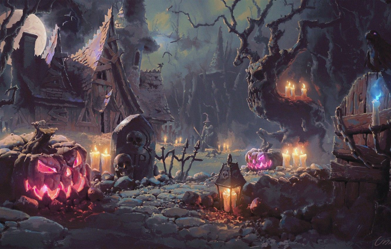 Wallpaper night, house, bird, the moon, candles, pumpkin, Raven, the full moon, halloween, art, headstone, grave image for desktop, section разное