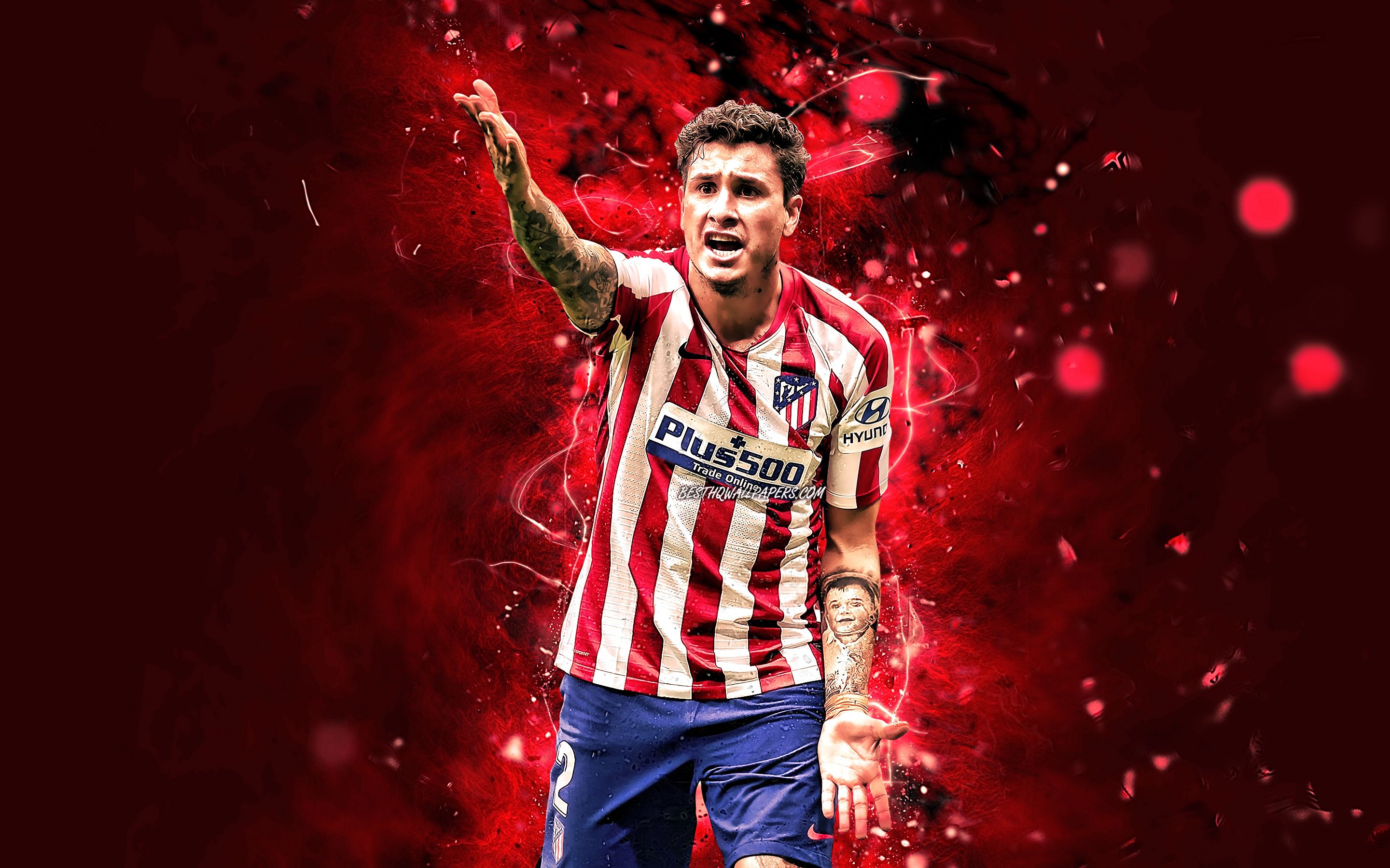 Download wallpaper Jose Maria Gimenez, Atletico Madrid FC, Uruguayan footballers, La Liga, Jose Maria Gimenez de Vargas, neon lights, soccer, LaLiga, Jose Gimenez for desktop with resolution 2880x1800. High Quality HD