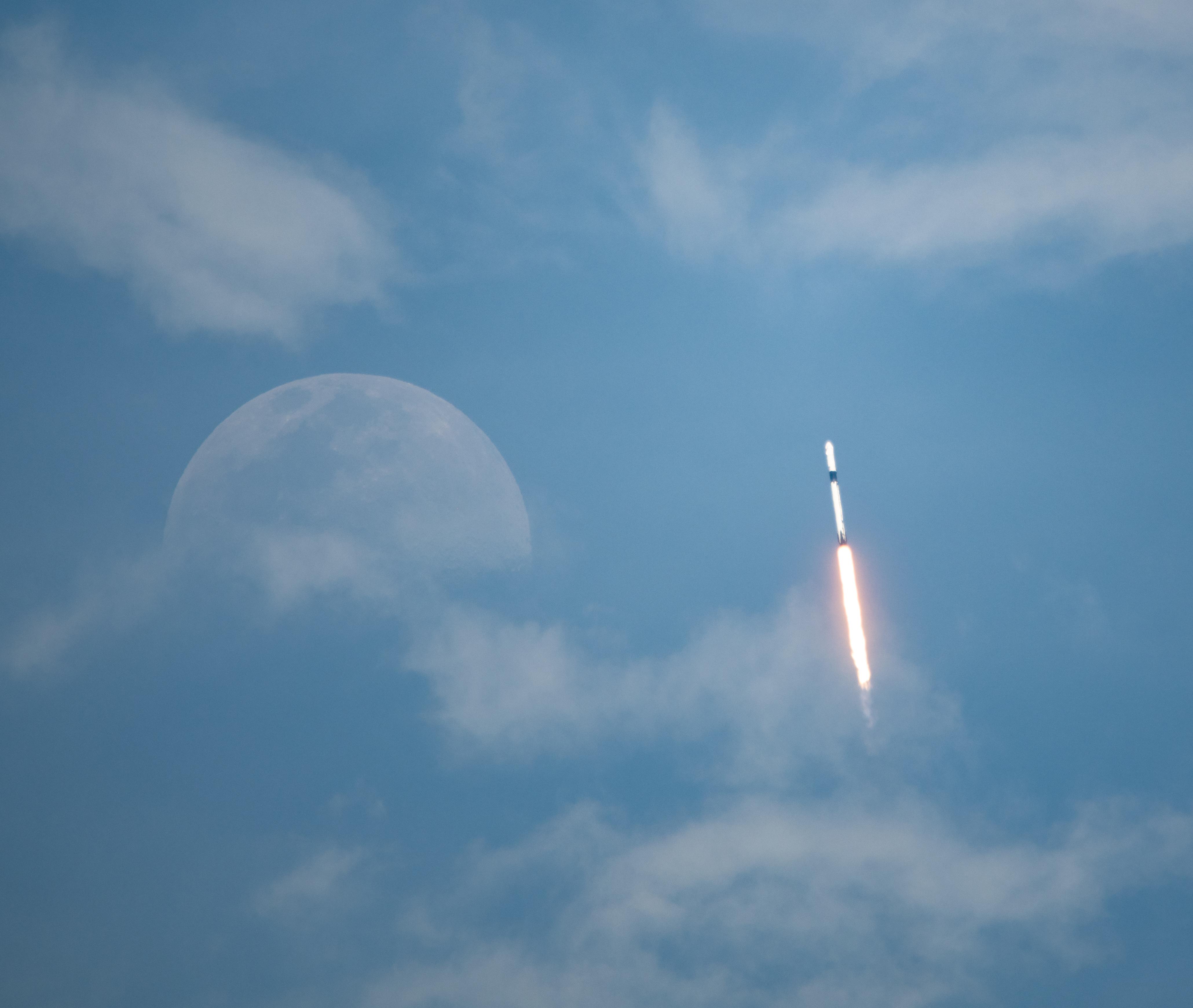 Next Stop! I Took This Photo Of The Crew Demo 2 Launch And Was Lucky Enough To Get The Moon In The Photo [OC]