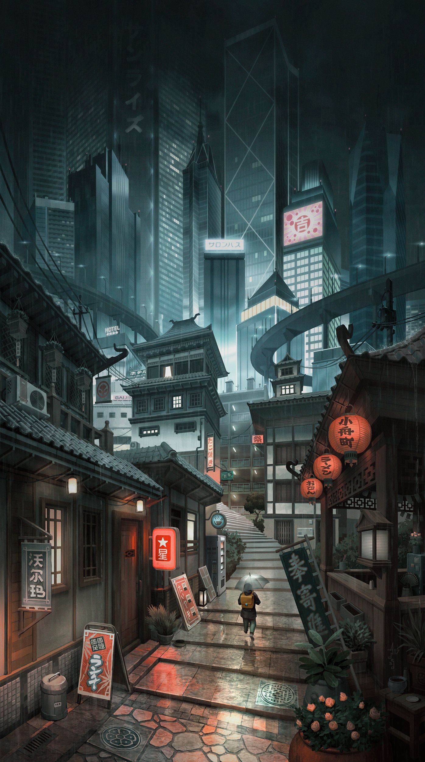 Wallpaper, Andrey Maximov, Tokyo, Japan, street, house, lantern, rain, backpacks, umbrella, plants, stairs 1396x2500