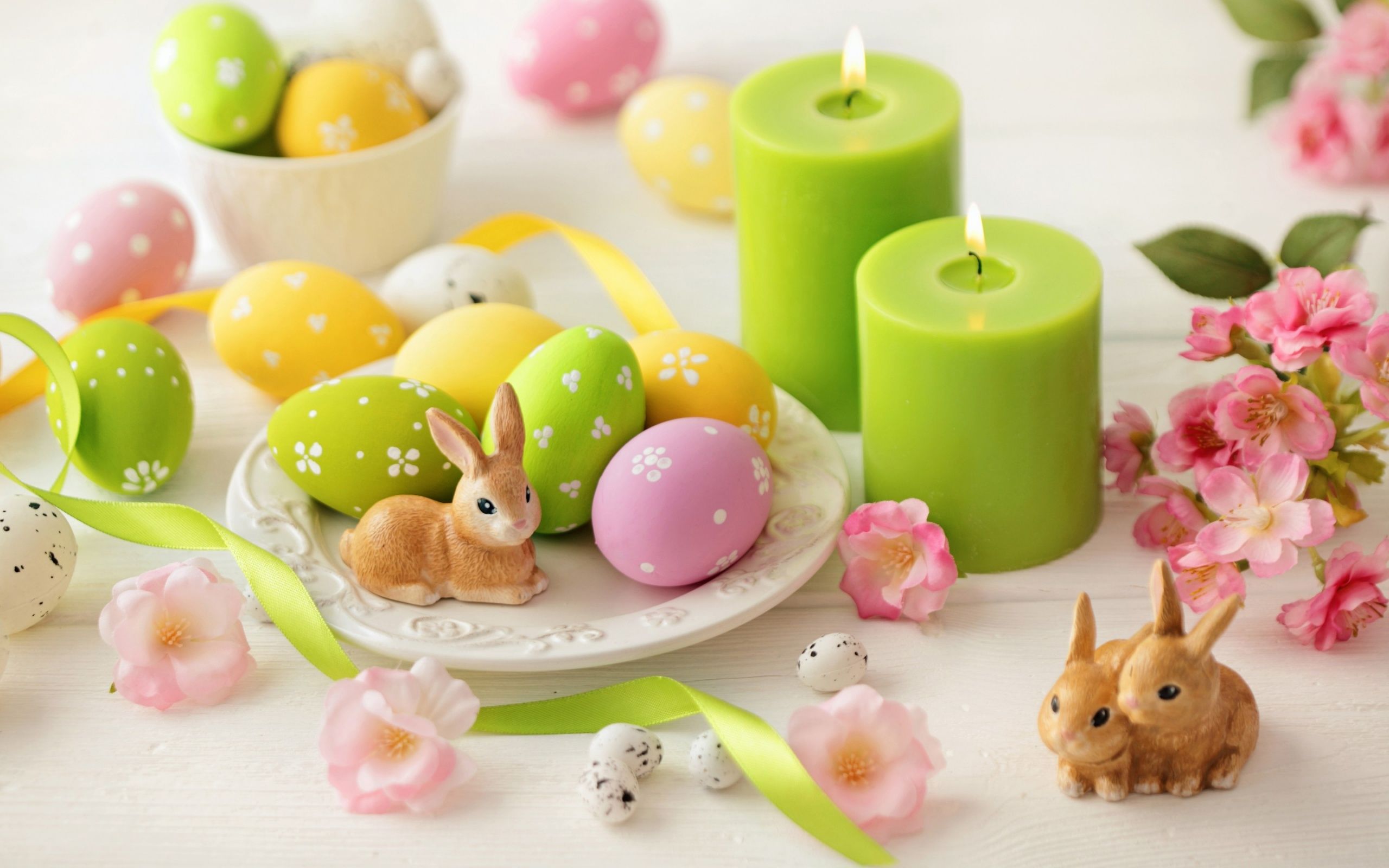 Download wallpaper Painted Easter eggs, green candles, easter, spring, easter background, rabbits for desktop with resolution 2560x1600. High Quality HD picture wallpaper
