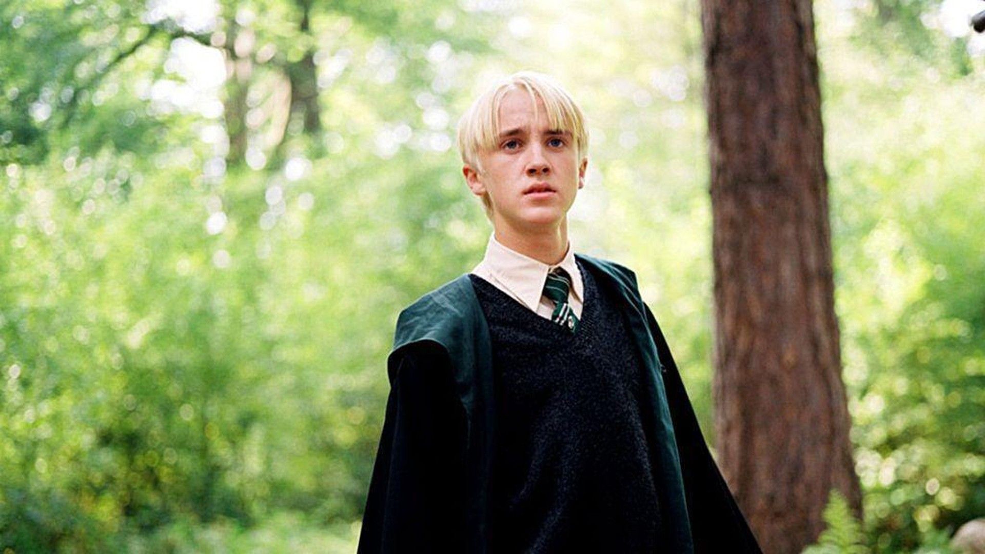 Draco Malfoy In Blur Forest Background Wearing Green Dress HD Draco Malfoy Wallpaper