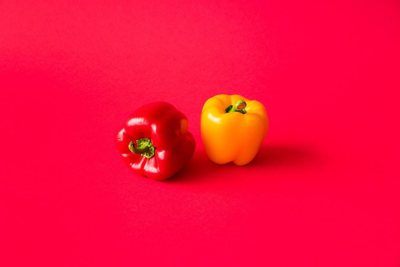 Desktop Wallpaper Two Yellow Red background Food Bell pepper Red