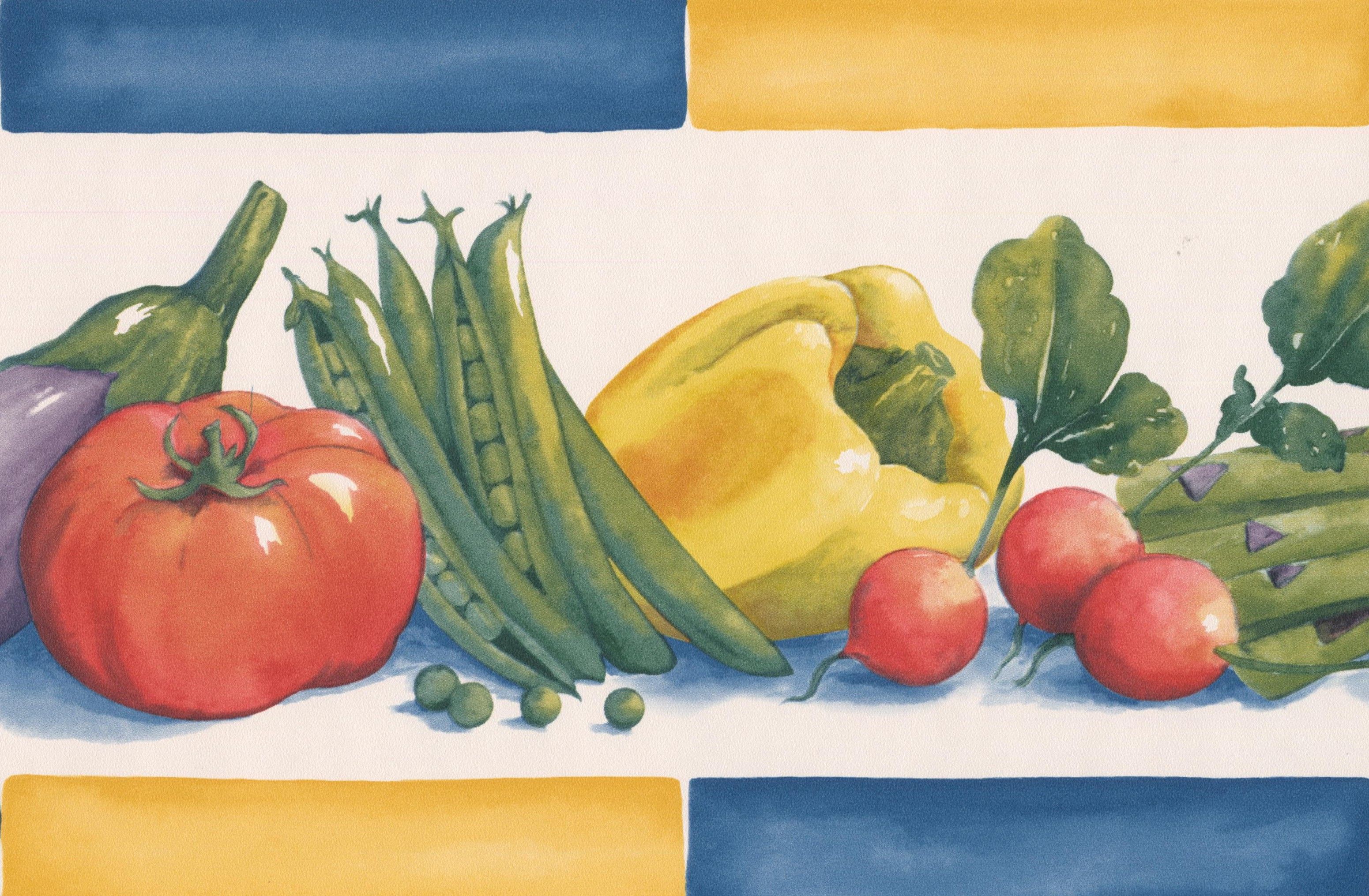 Wallpaper Border Tomato Peas Bell Pepper Garlic on Kitchen Table Colorful White Wall Border Retro Design, Roll 15 ft X 7 in