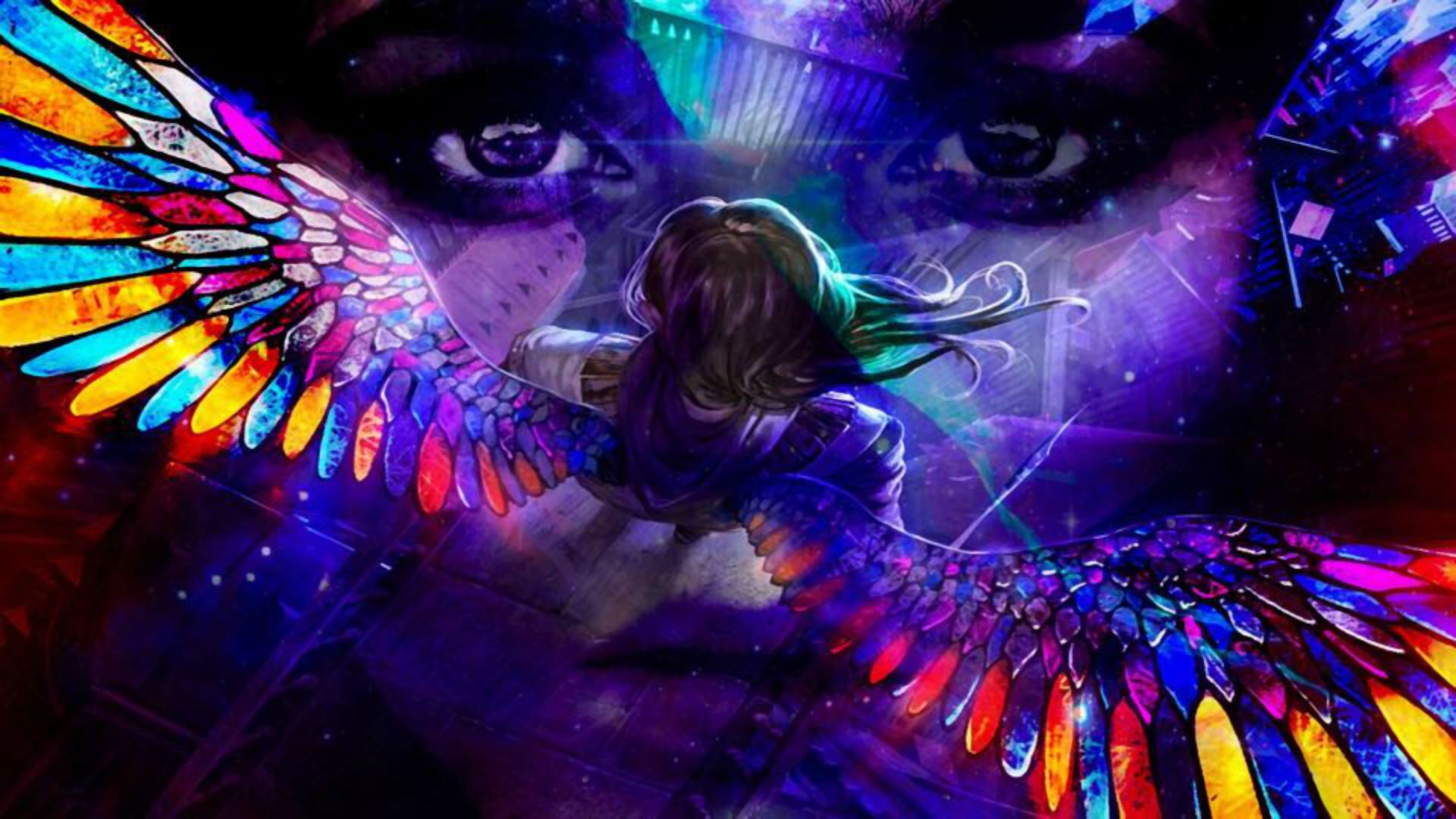 Fantasy Angel Girl Woman Wings Rainbow Colors Colorful Eye Wallpaper:1920x1080