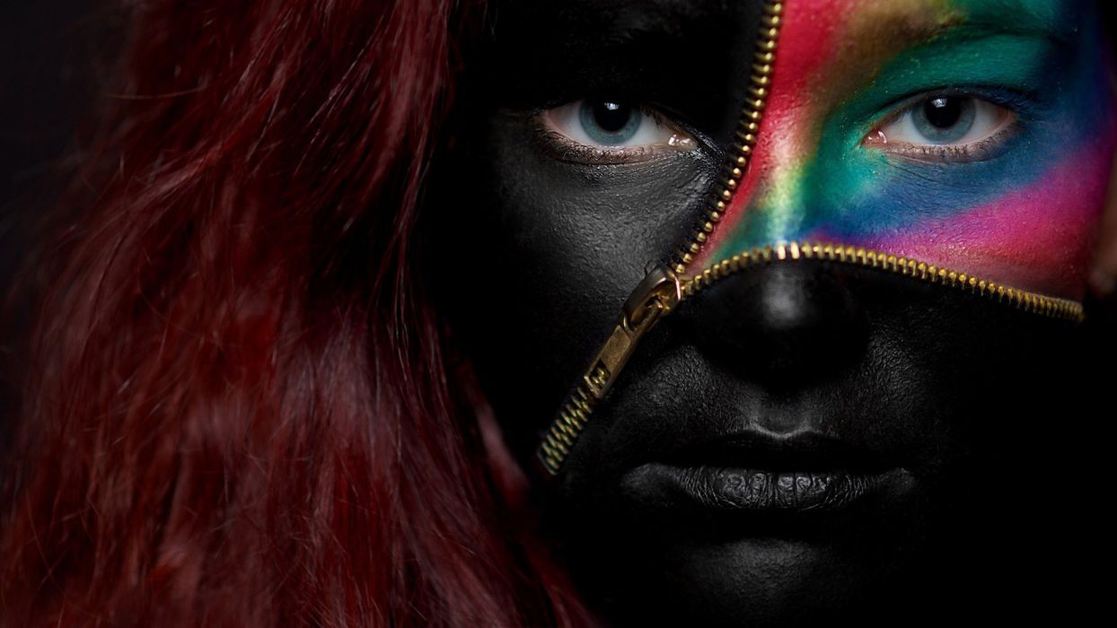 Girl rainbow color black face blue eyes lips beautiful wallpaperx1080