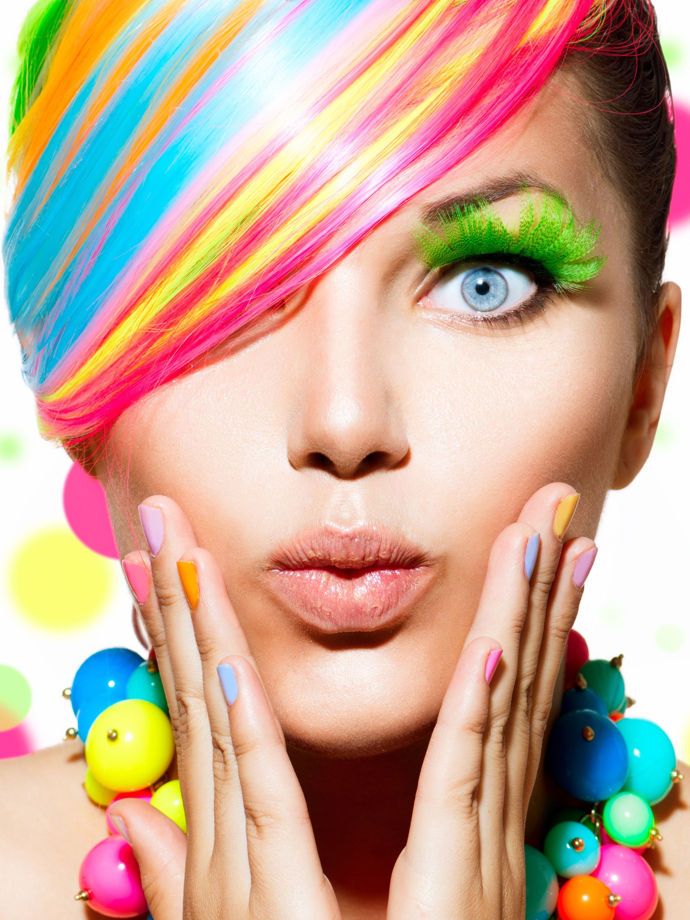 Face Rainbow Hair Blue Eyes Colorful Wallpaper:2412x3216
