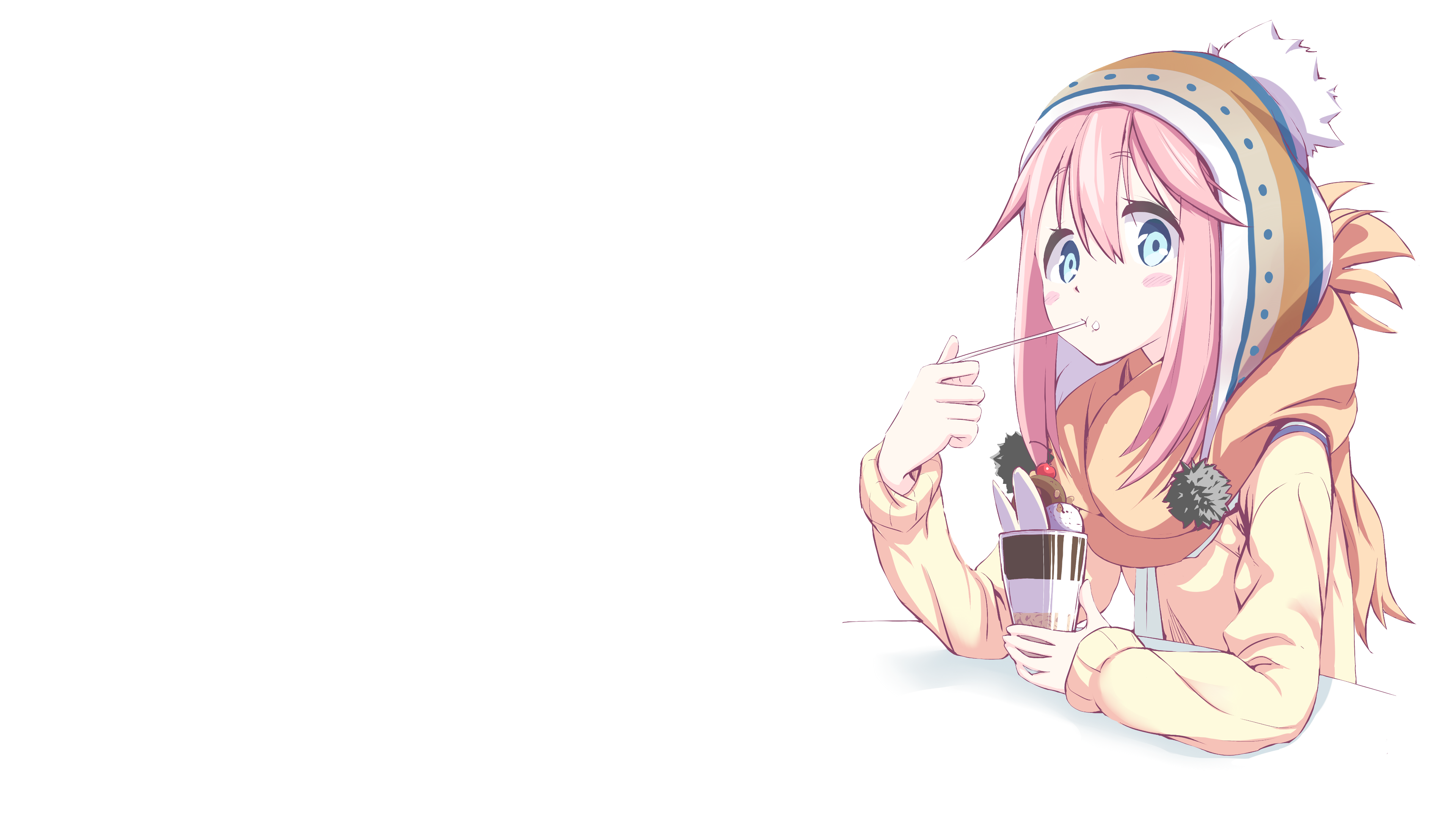 Wallpaper, Yuru Camp, Nadeshiko Kagamihara, anime girls eating, winter, pink hair, white background 3840x2160