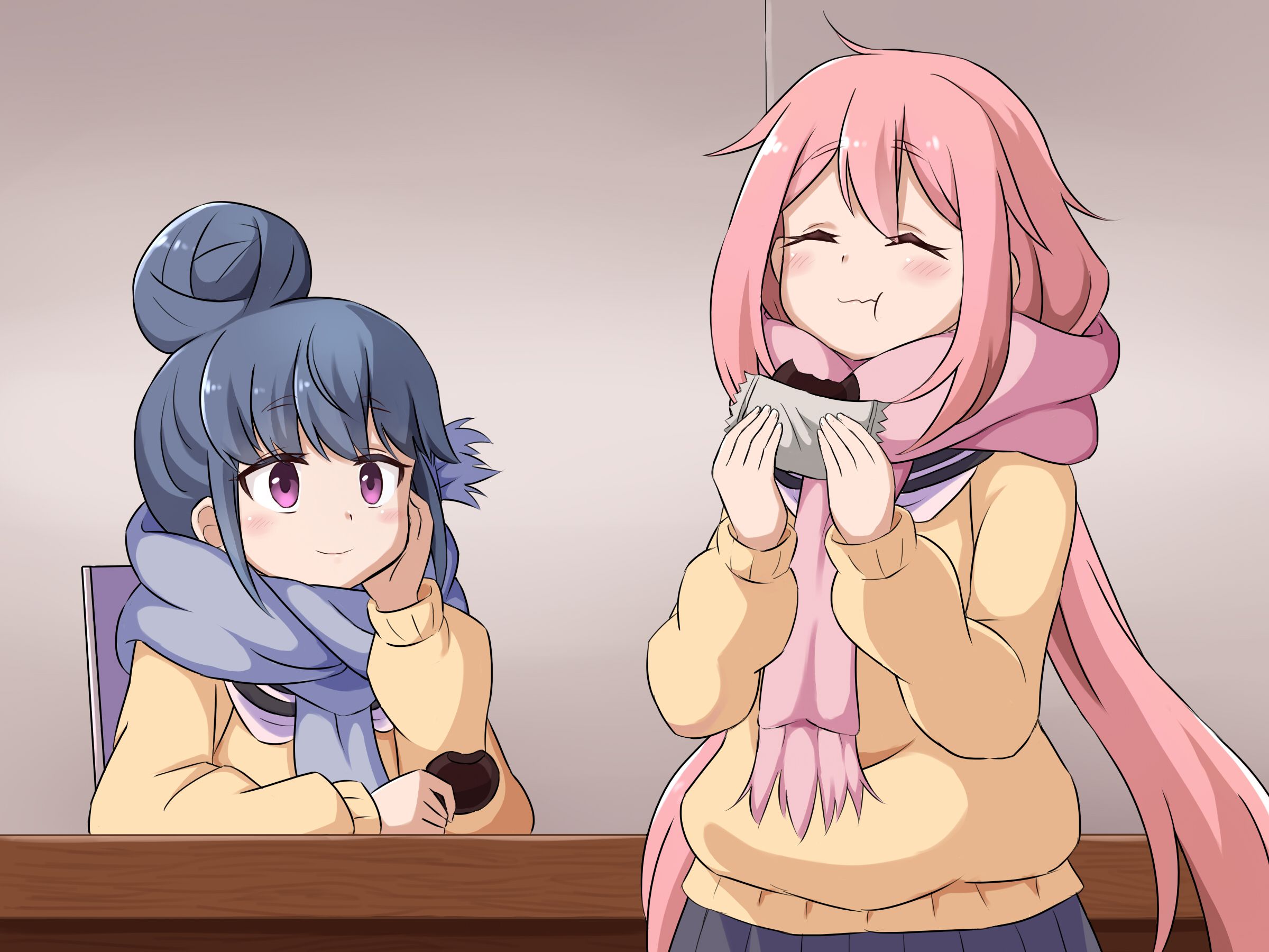 Yuru Camp Rin Shima Nadeshiko Kagamihara Anime Girls Eating Wallpaper:2400x1800