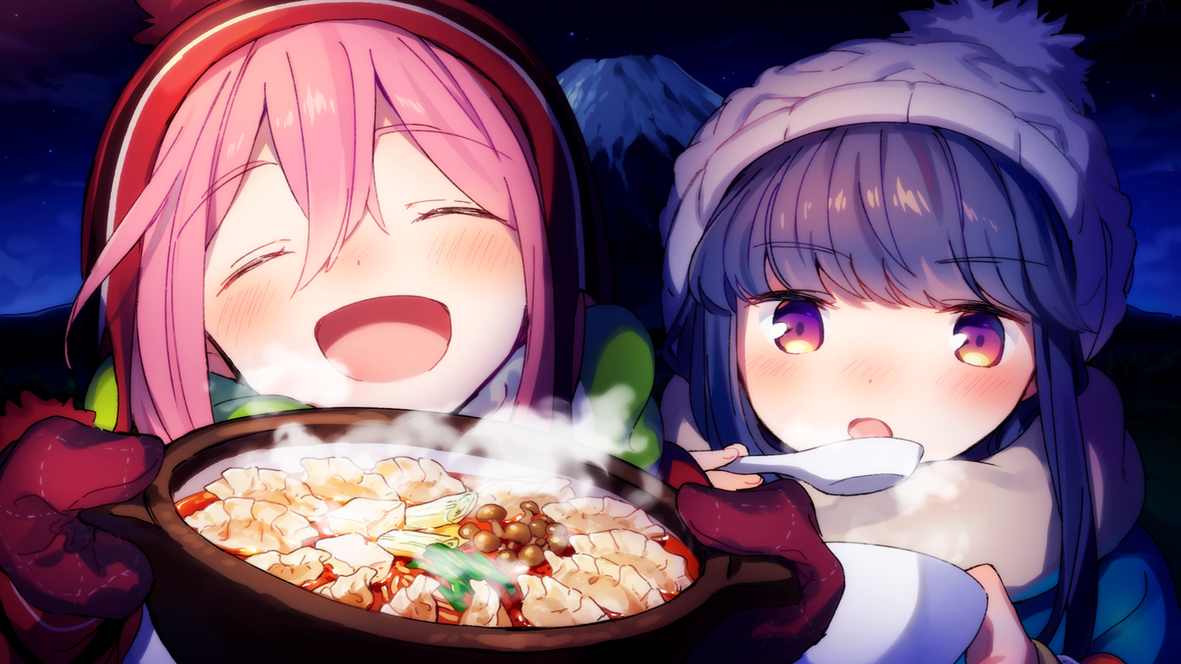Download 3840x2160 Nadeshiko Kagamihara, Rin Shima, Yuru Camp, Cute, Gloves, Cook Wallpaper for UHD TV