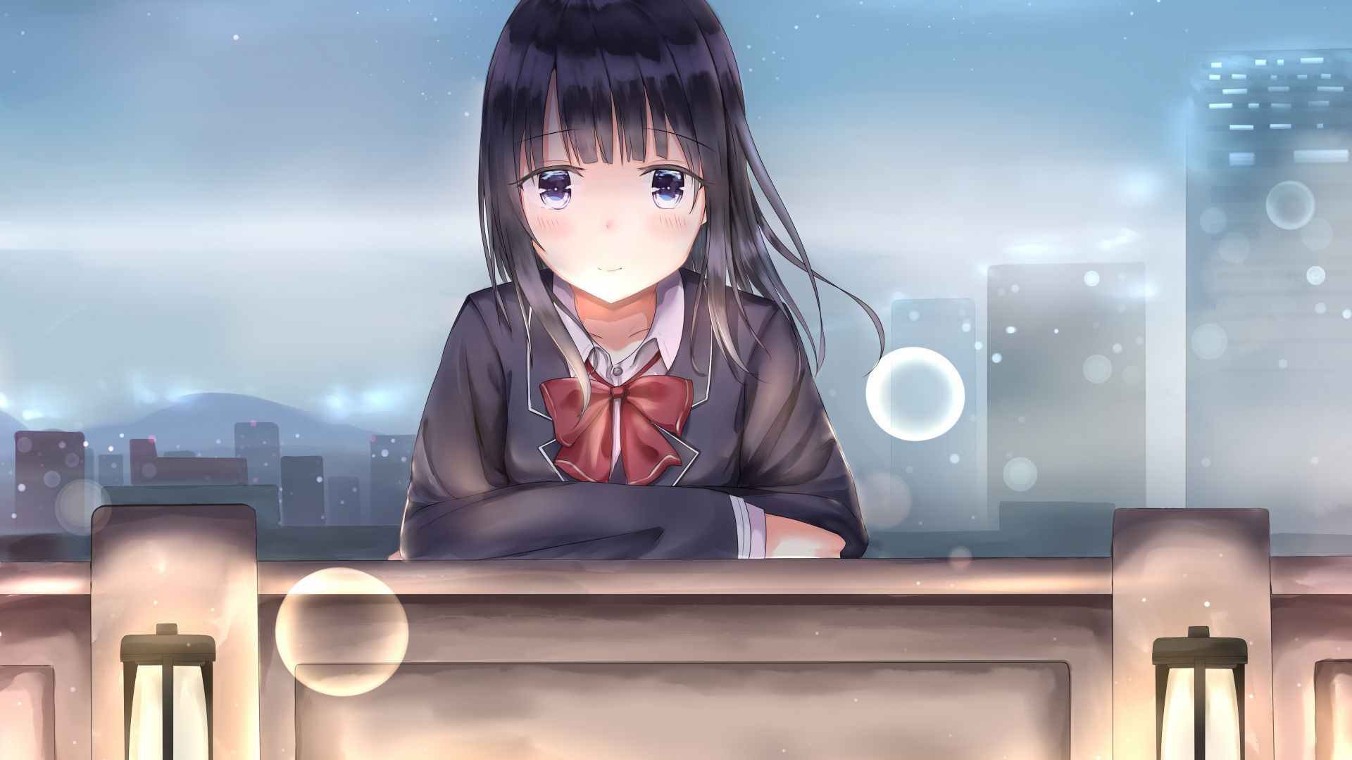 Desktop wallpaper school uniform, anime girl, cute, sad, HD image, picture, background, 008709