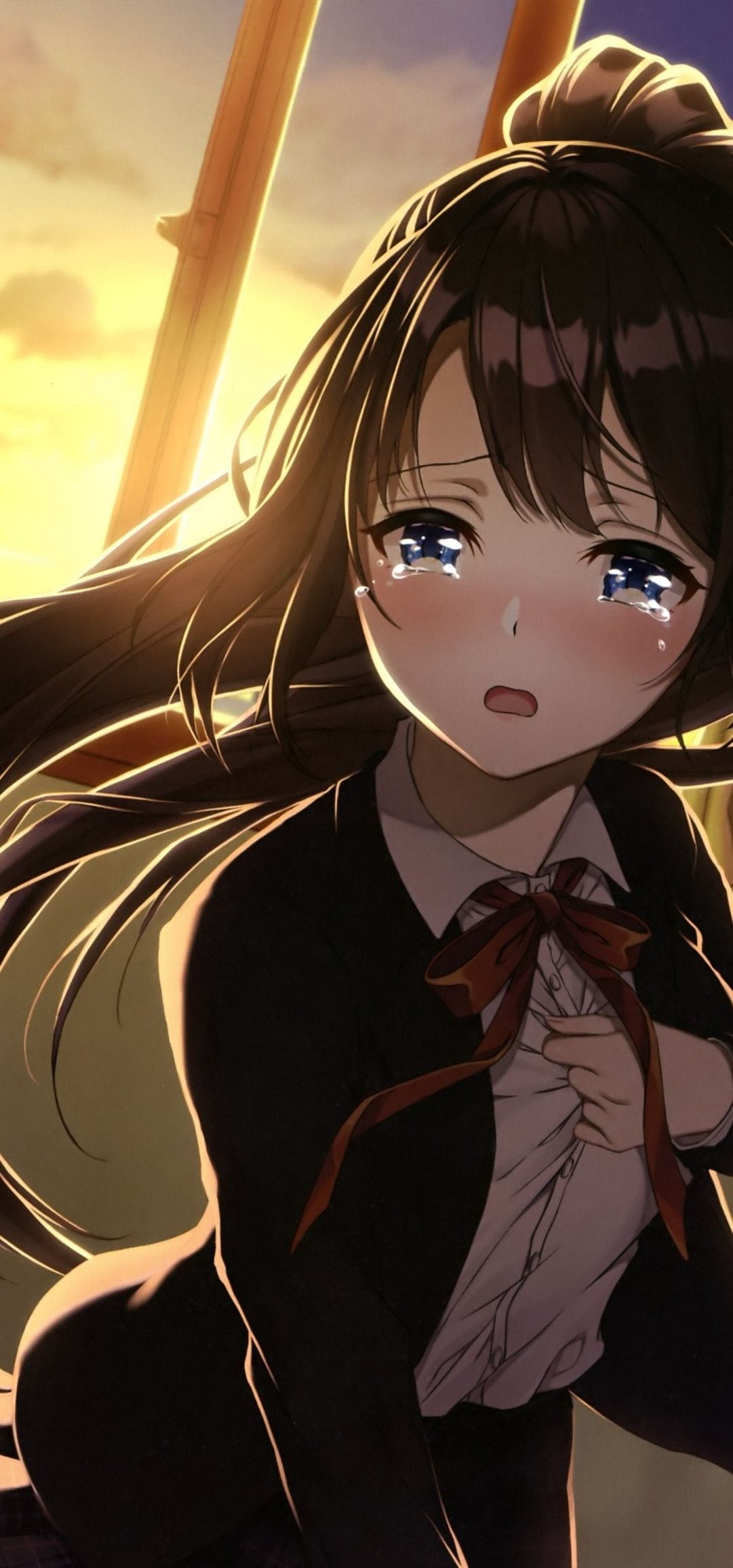 Download 1080x2310 Anime Girl, Crying, Classroom, Sad Face, Brown Hair, School Uniform, Sunset Wallpaper for Honor View 20