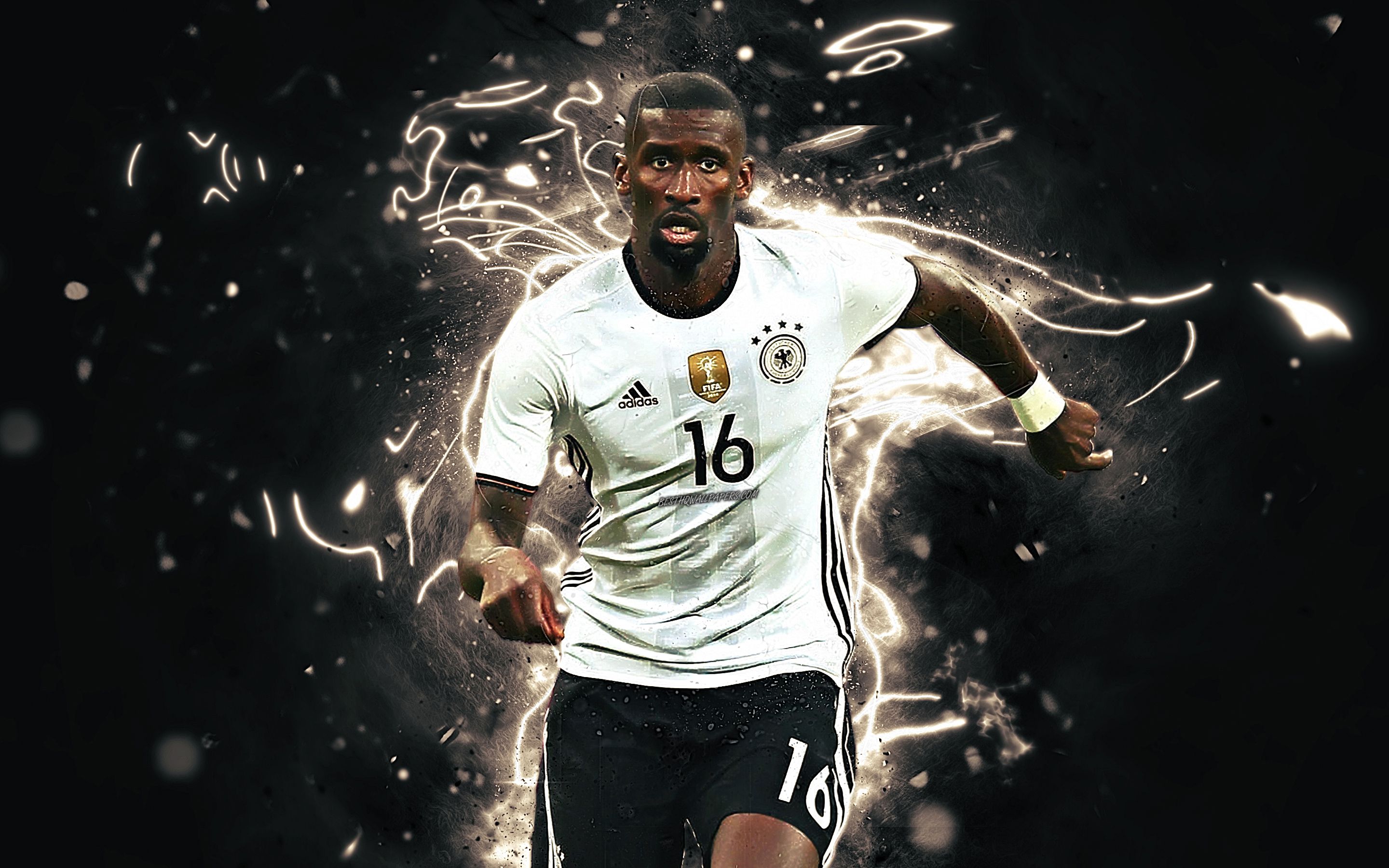 Download wallpaper Antonio Rudiger, abstract art, Germany National Team, fan art, Rudiger, soccer, footballers, neon lights, German football team for desktop with resolution 2880x1800. High Quality HD picture wallpaper