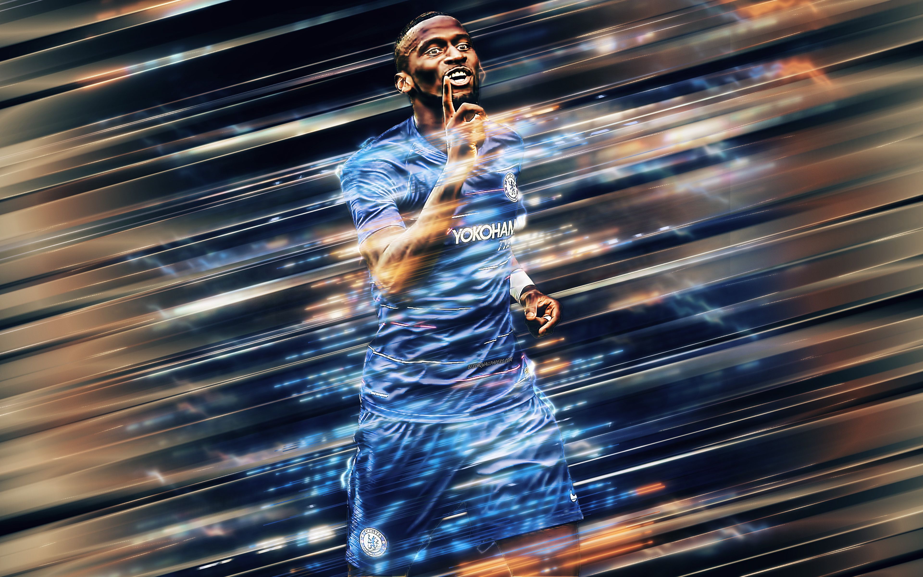 Download wallpaper Antonio Rudiger, 4k, creative art, blades style, Chelsea FC, German footballer, Premier League, England, blue creative background, football for desktop with resolution 3840x2400. High Quality HD picture wallpaper