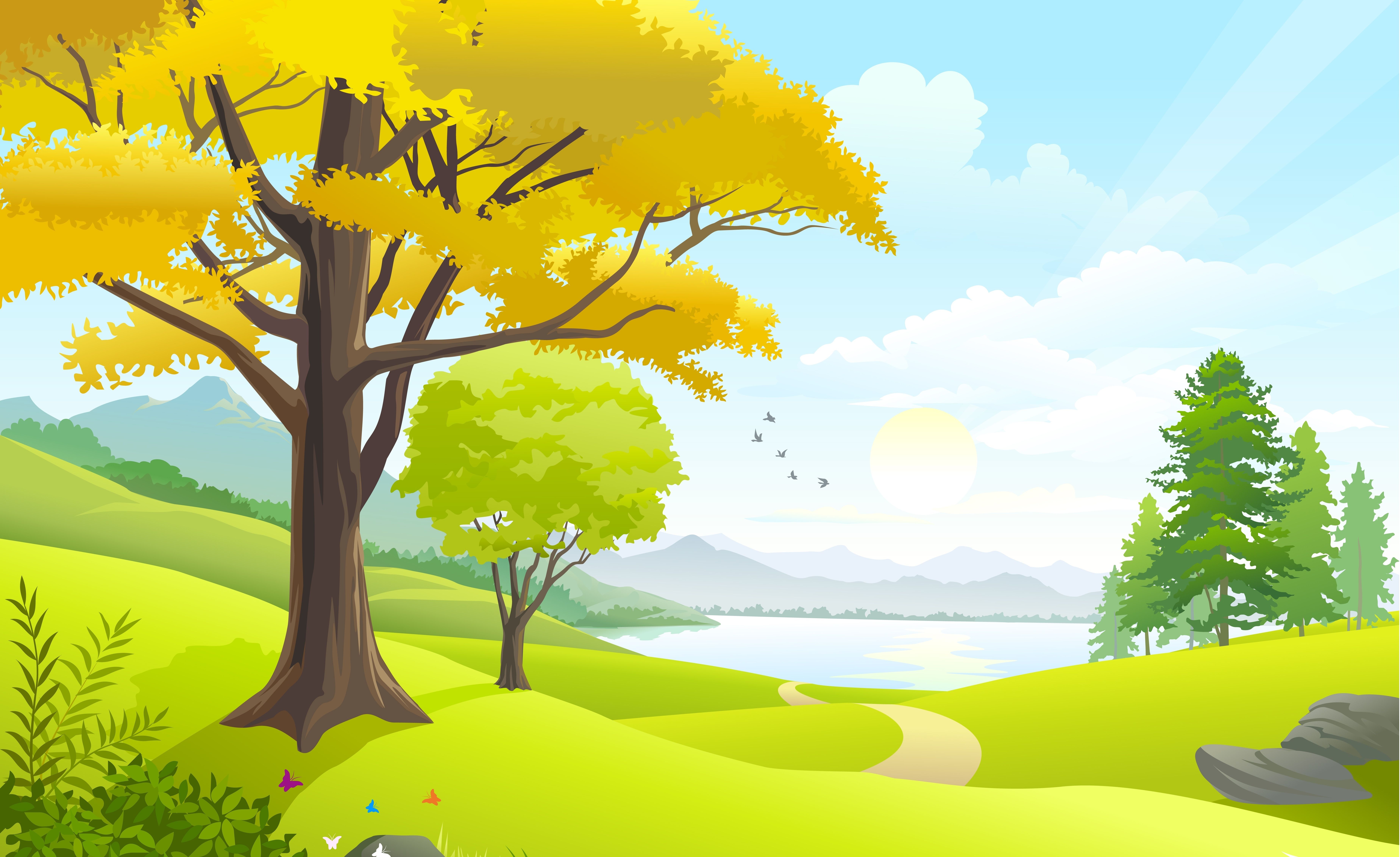 birds, nature, vector art, clouds, trees, lake, sky, grass field, road, sun, landscape desktop wallpaper 23730