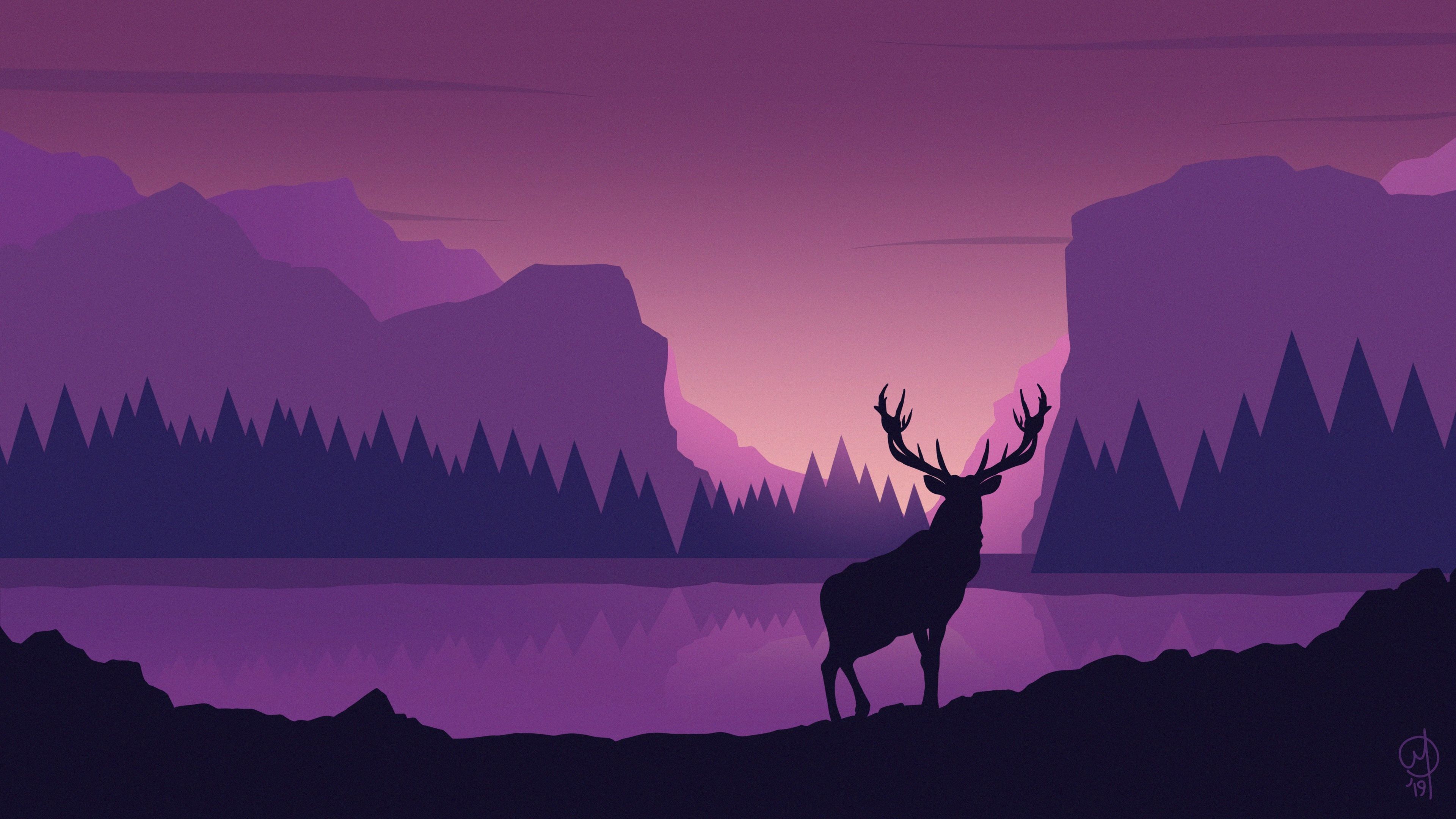 Deer Vector Art Digital Art Purple Nature Artwork Animals Wallpaper:3840x2160