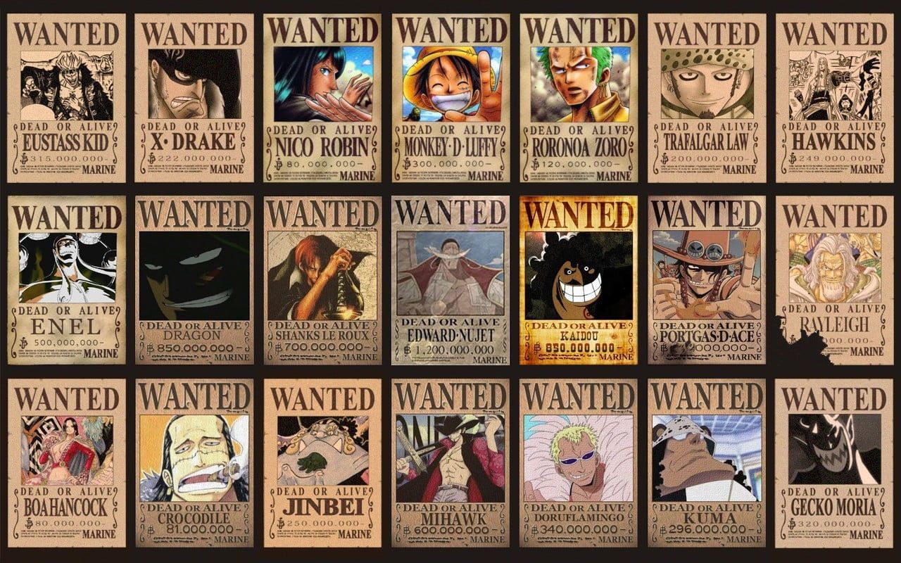 OnePiece wanted list, One Piece character wanted poster collage photo One Piece #anime Monkey D. Luffy Roronoa Zoro #Shanks Portgas. Animasi, Gambar anime, Gambar