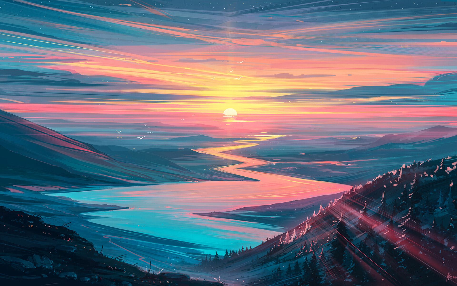 Download wallpaper abstract summer landscape, valley, sunset, mountains, abstract nature background, abstract mountains landscape, artwork, abstract landscape for desktop with resolution 1920x1200. High Quality HD picture wallpaper
