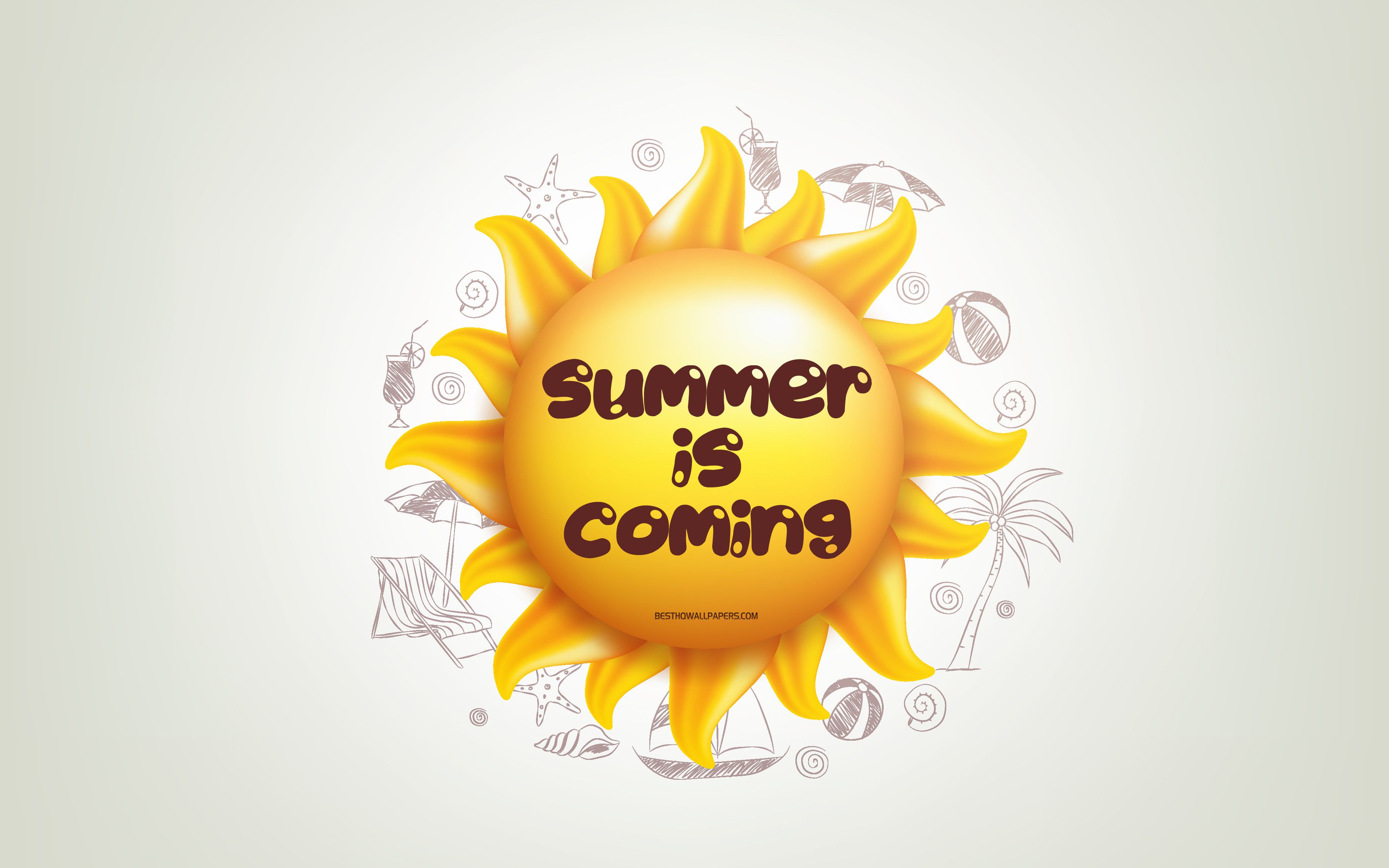 Download wallpaper Summer is coming, 3D sun, positive quotes, 3D art, Summer is coming concepts, creative art, quotes about summer, motivation quotes for desktop with resolution 3840x2400. High Quality HD picture wallpaper