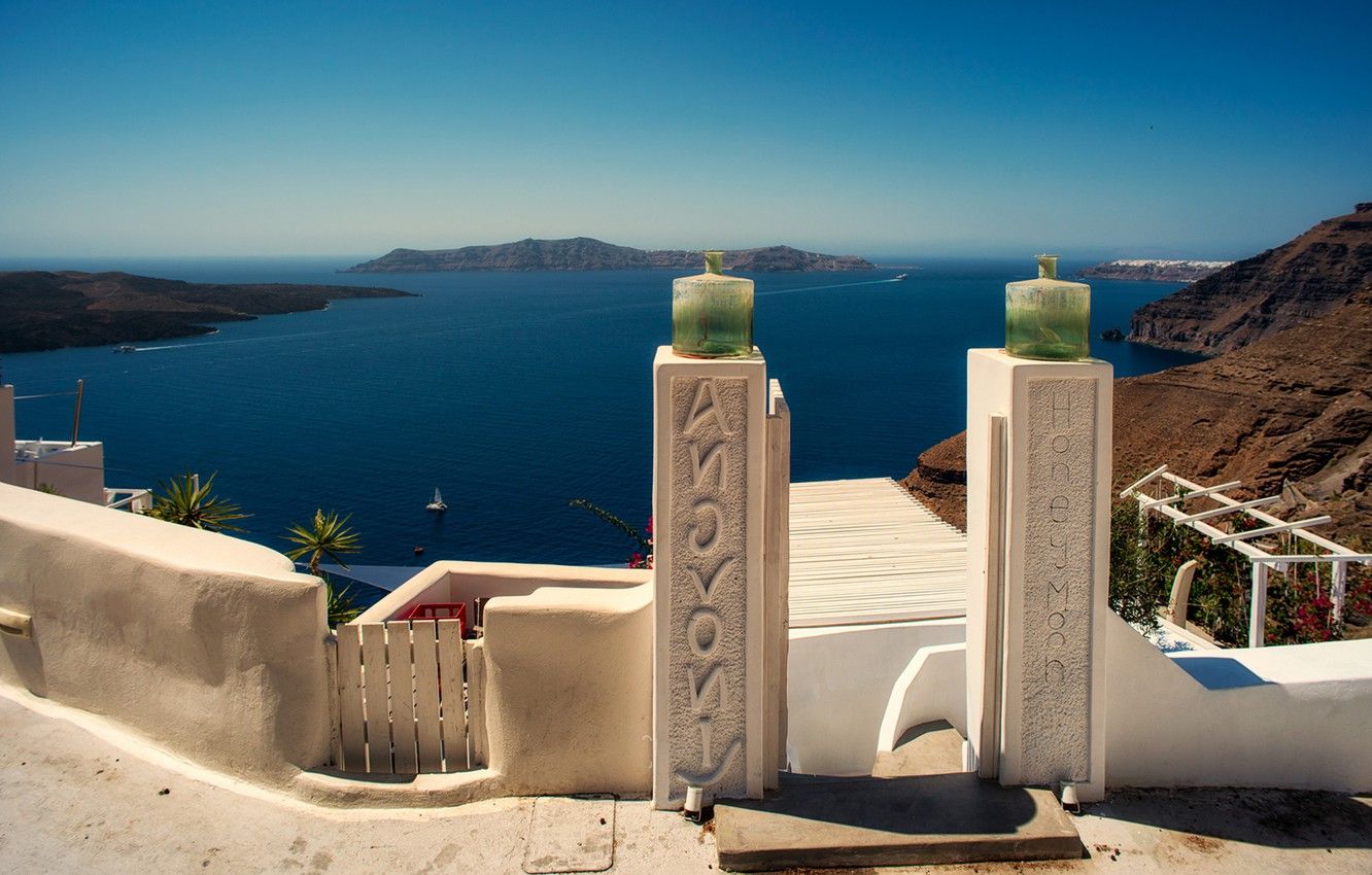 Wallpaper sea, island, Santorini, Greece, the hotel, Santorini, Greece, The Aegean sea, Aegean Sea, Fira, Fira image for desktop, section пейзажи