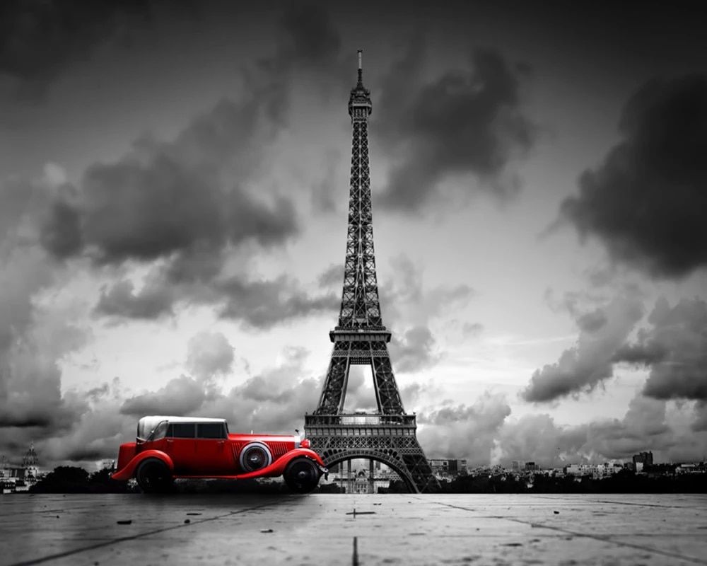 Free Shipping Photo Wallpaper Paris Eiffel Tower Black and White Car Wall Custom 3D Living Room Mural Hotel Decoration Wallpaper. Wallpaper