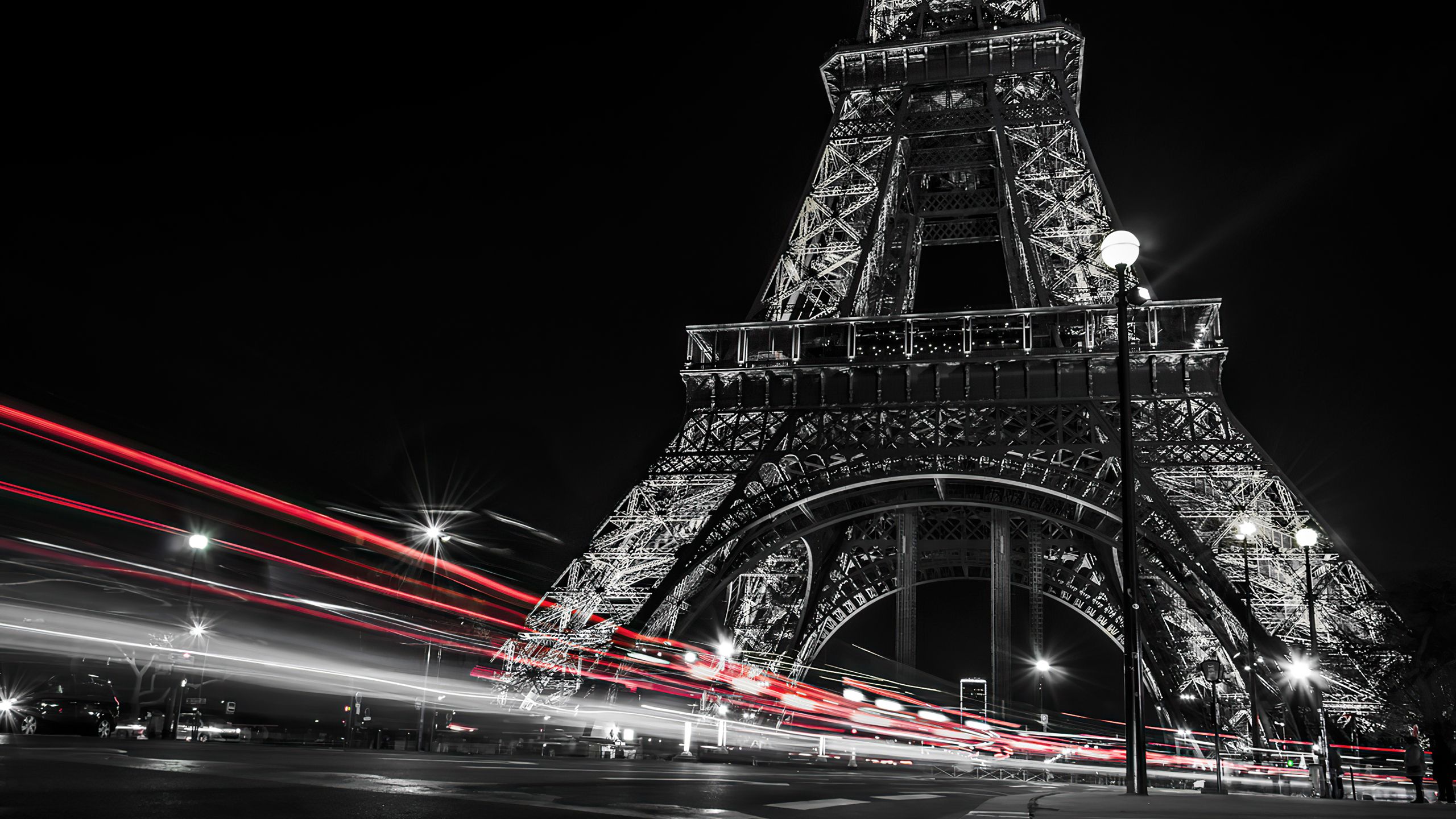 Black And White Picture Of Paris Eiffel Tower And Red Lights On Road With Dark Sky Background During Night HD Travel Wallpaper