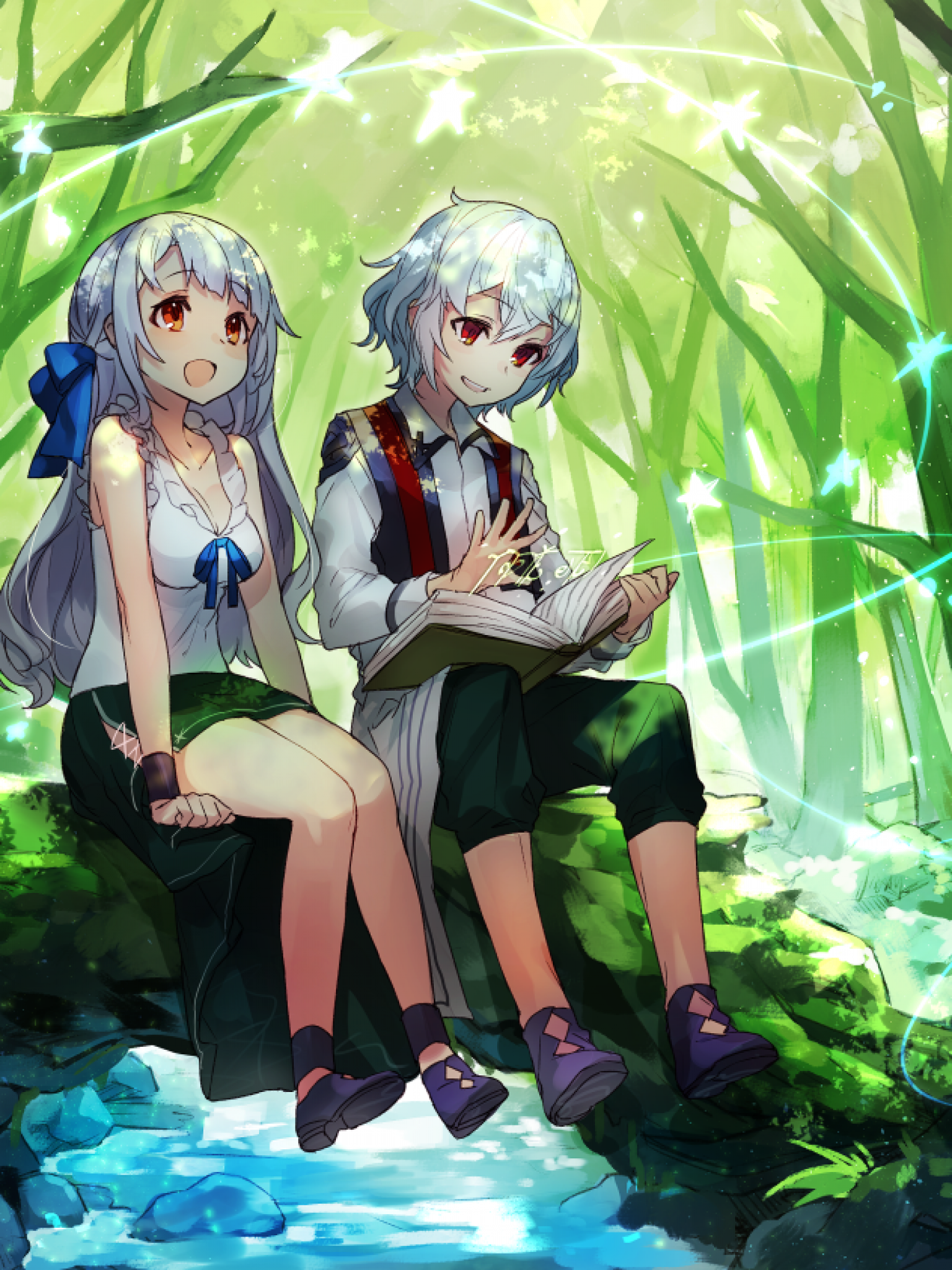 Download 1536x2048 Anime Twins, Girl And Boy, Forest, Reading A Book, Landscape Wallpaper for Apple iPad Mini, Apple IPad 4