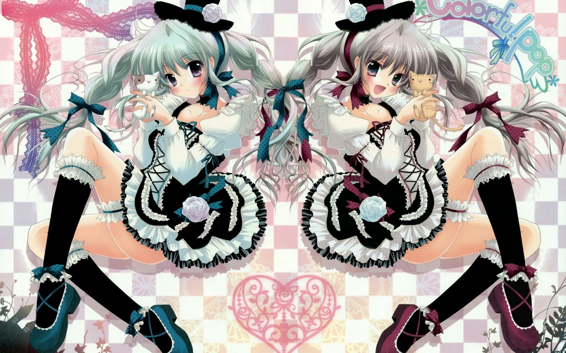 Wallpaper, illustration, anime, kittens, twins, smile, girls, pose, mangaka 1920x1200